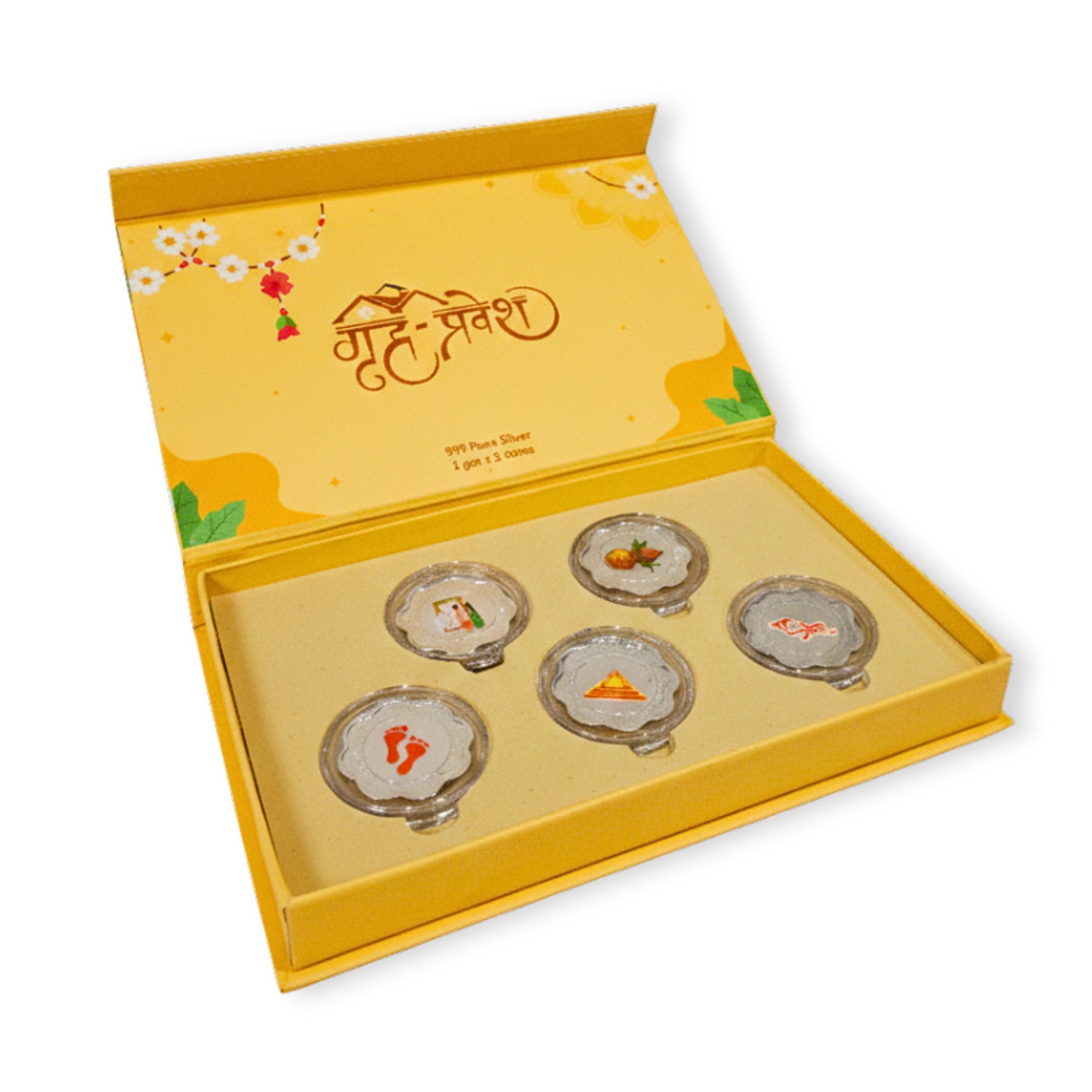 Griha Pravesh Silver coin gift box | Set of 5