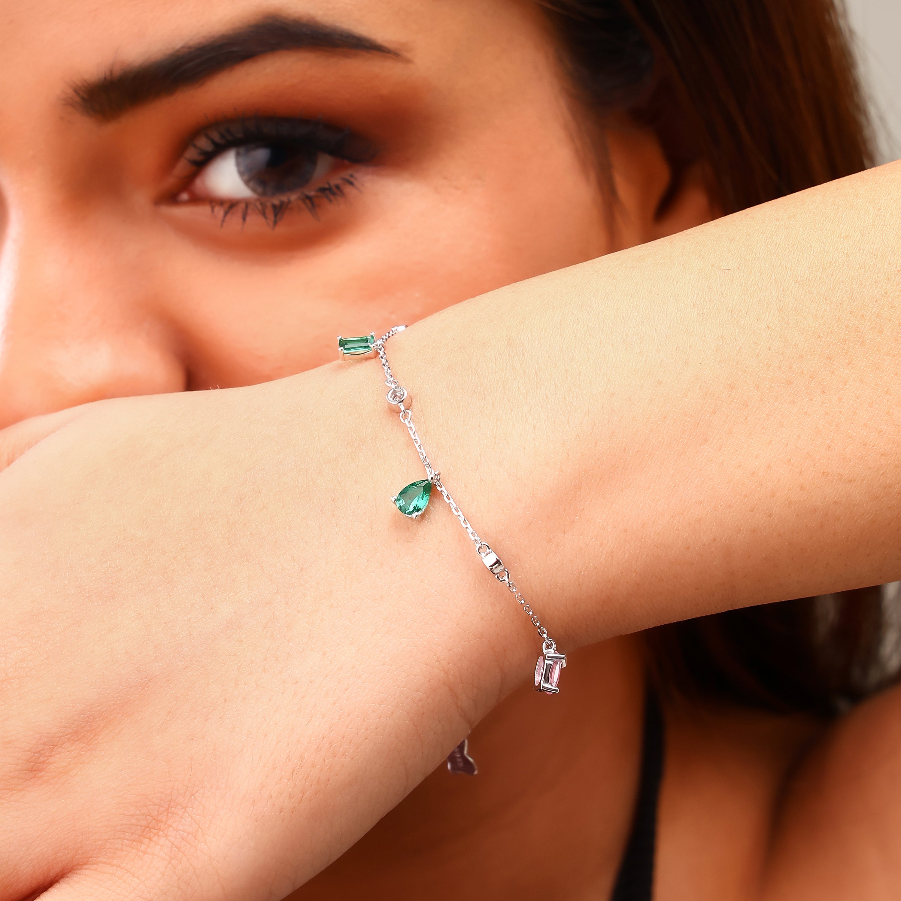Multicolor Gemstone Charm Silver Bracelet