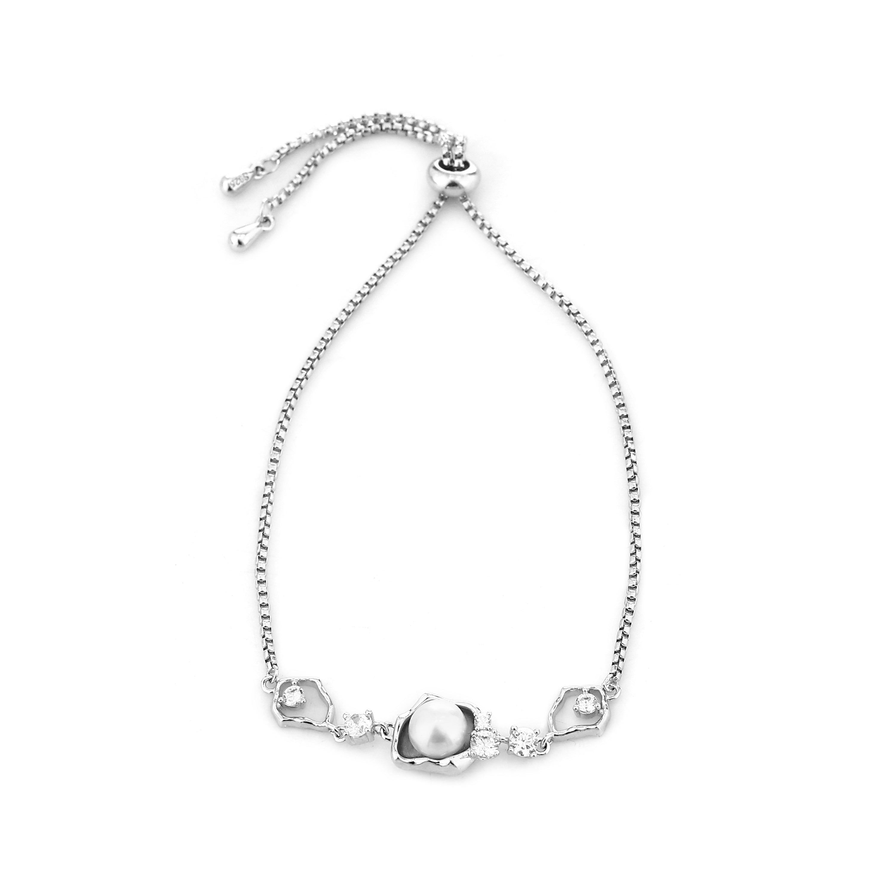 Luminous Pearl & Organic Frame Adjustable Silver Bracelet