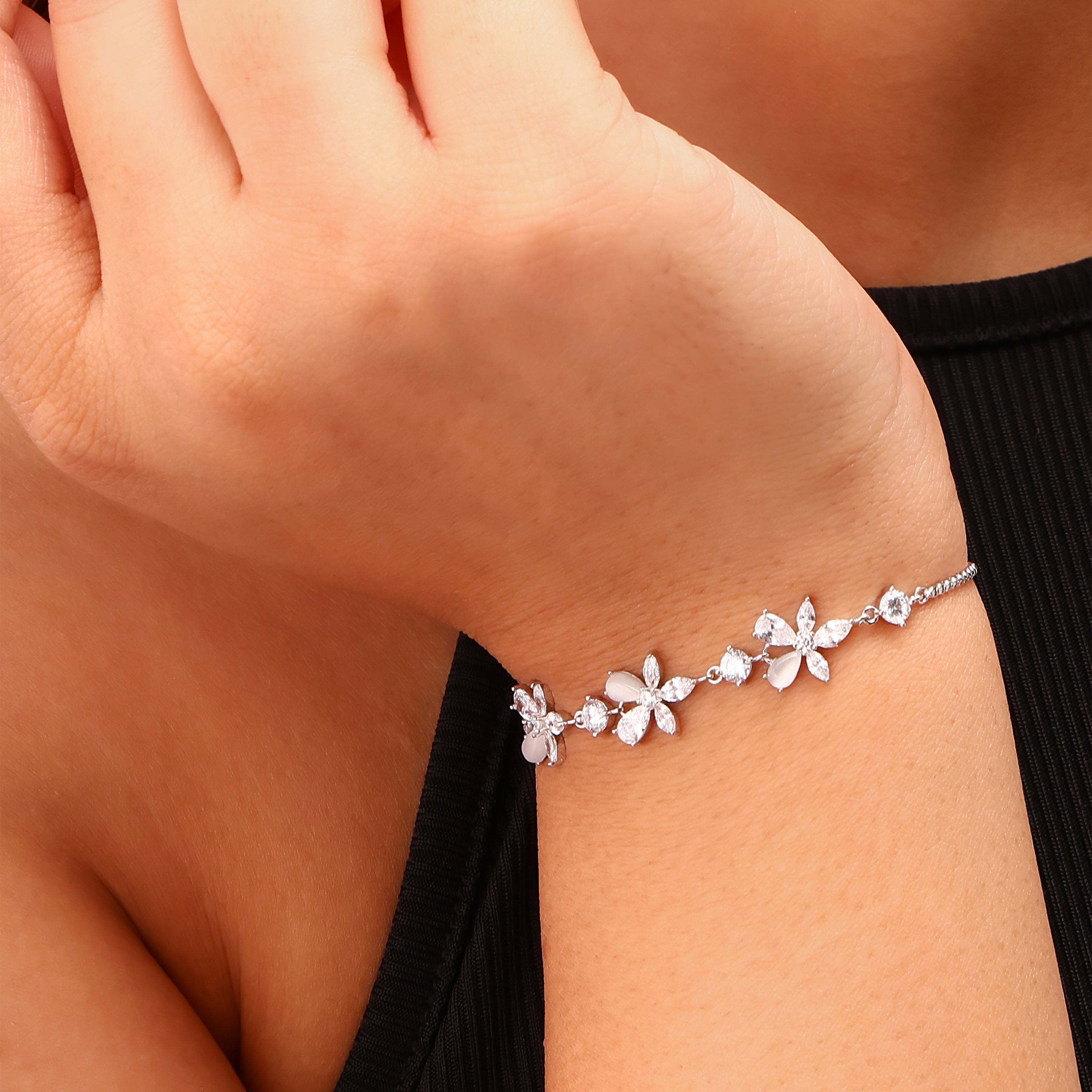 Floral Bloom Adjustable Silver Bracelet