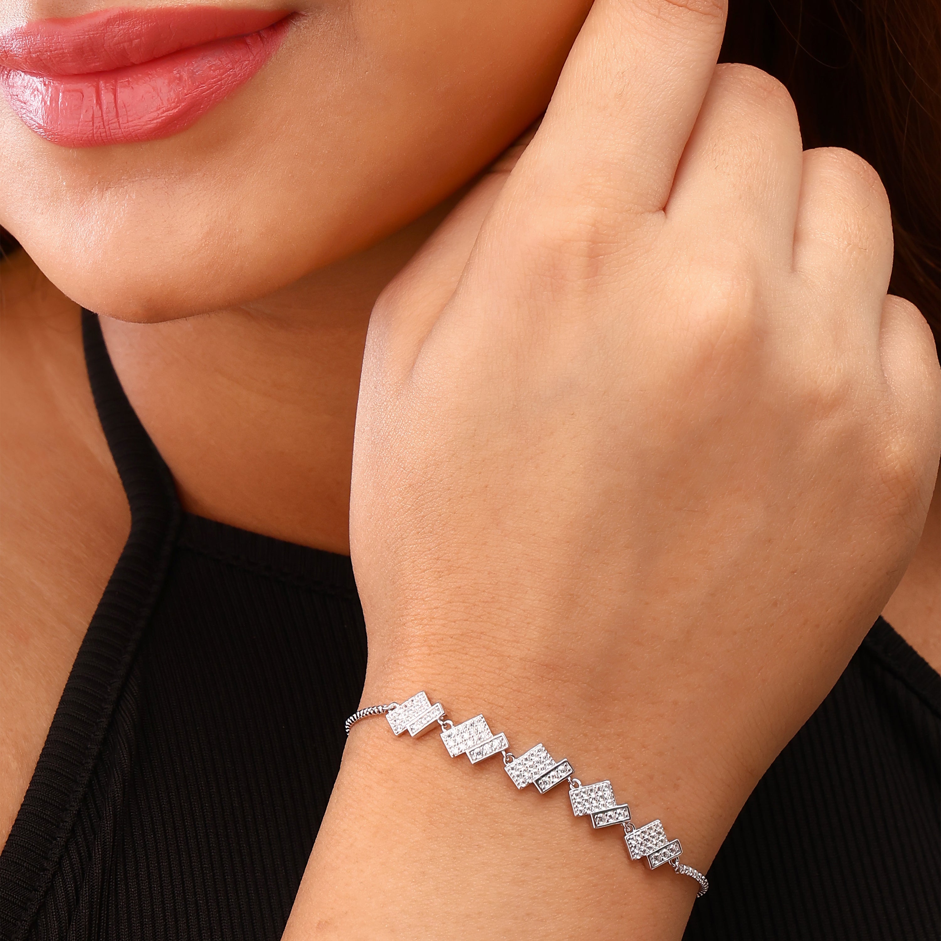 Geometric Layered Bar Adjustable Silver Bracelet