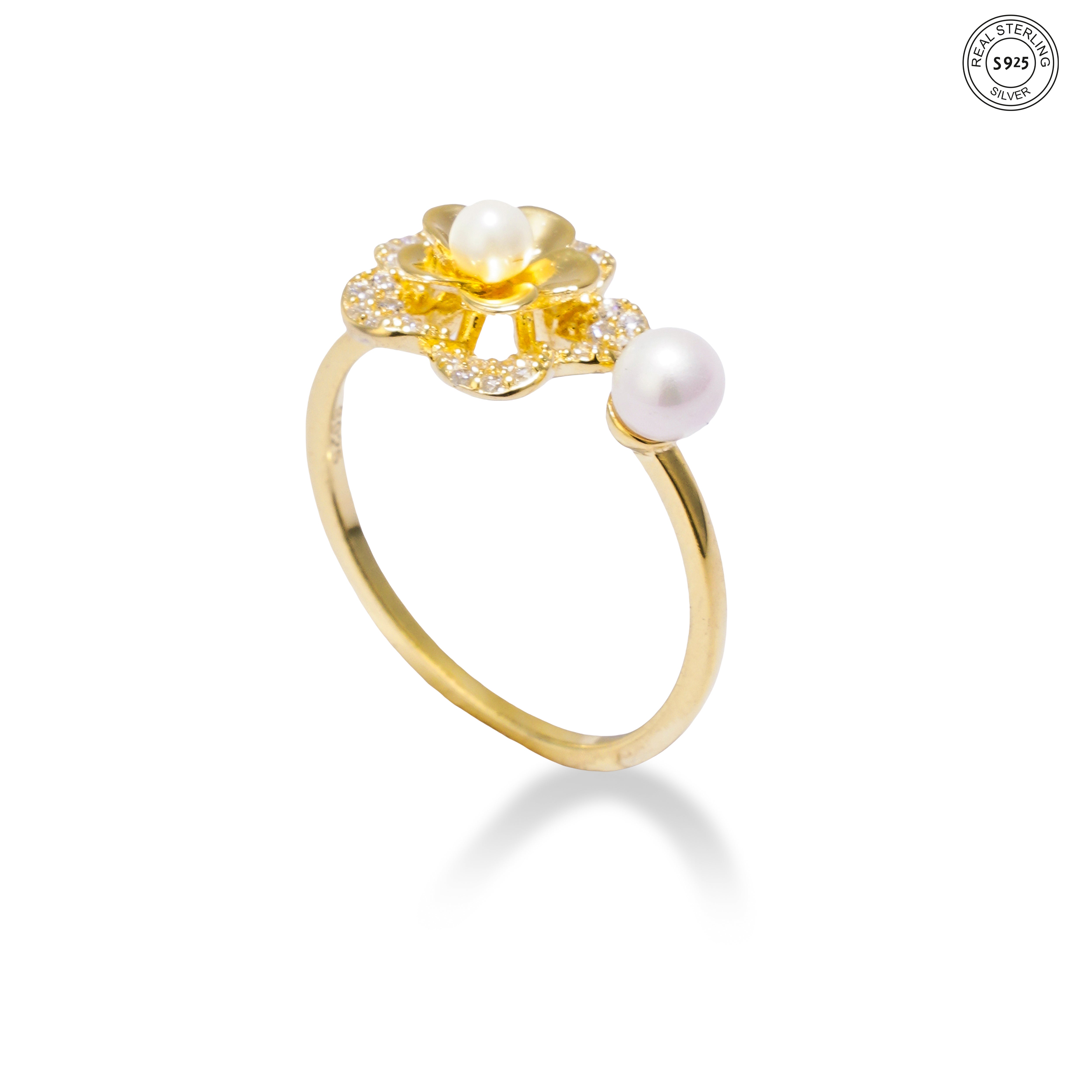Twin Pearl Flower Silver Ring