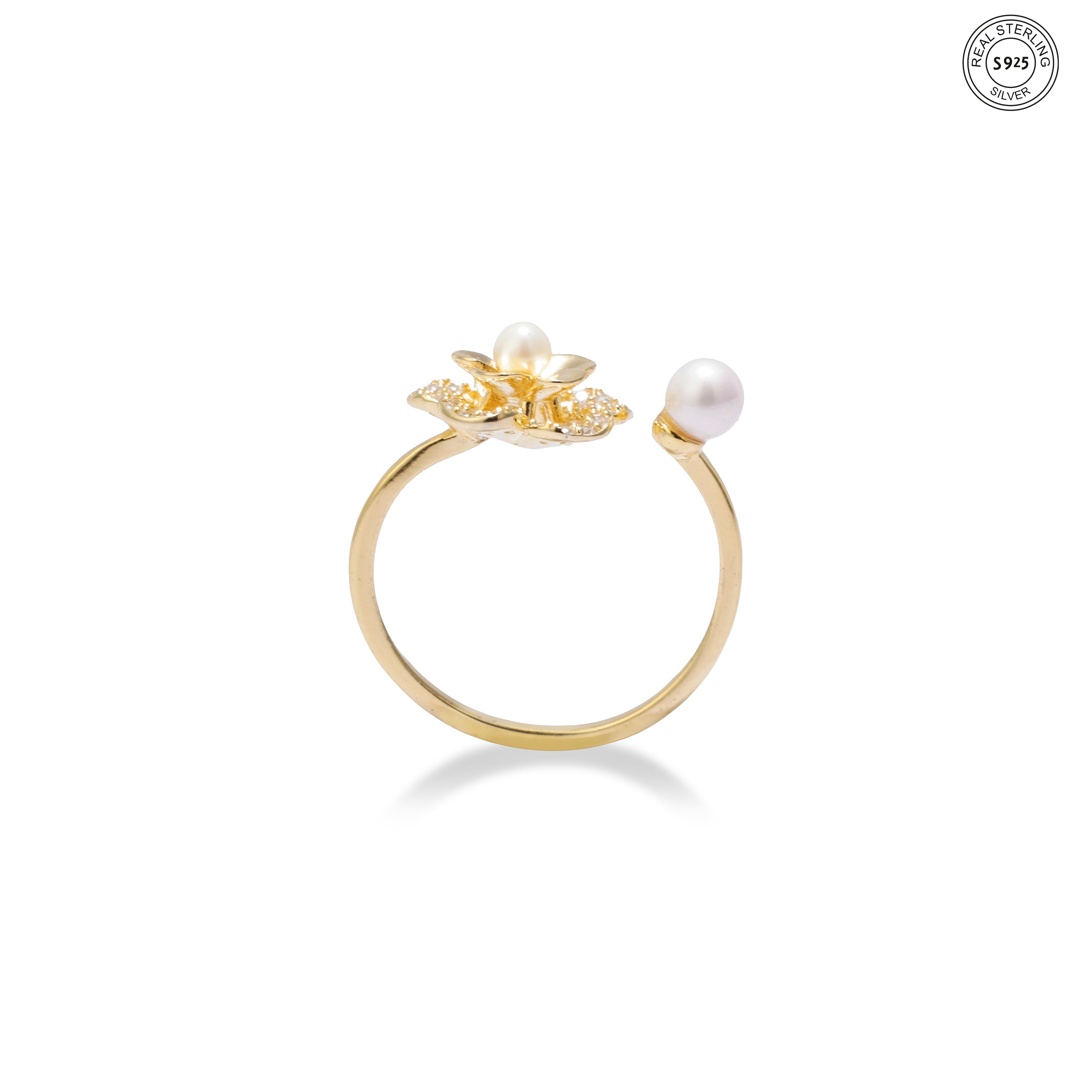 Twin Pearl Flower Silver Ring