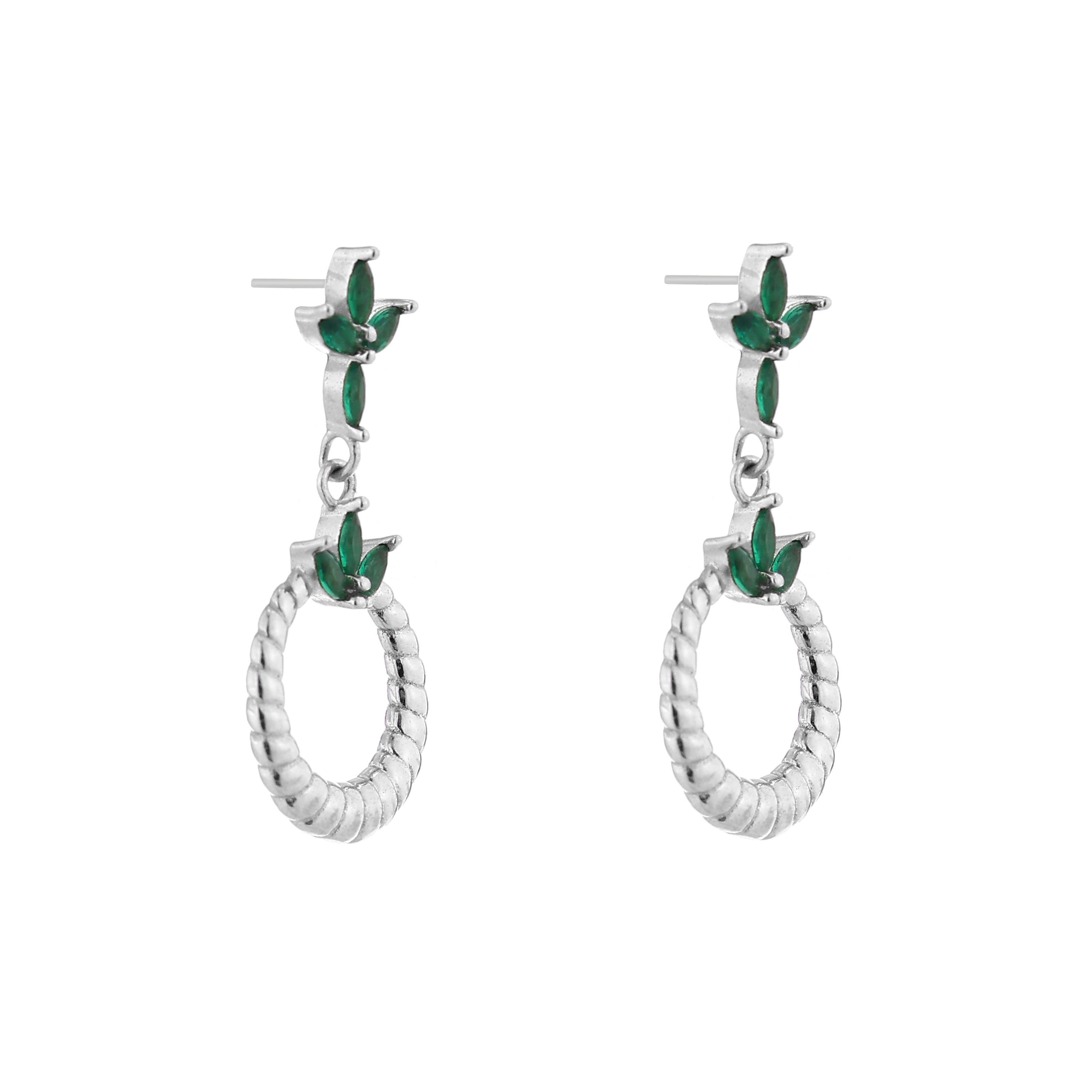 Emerald Leaf Twisted Hoop Silver Drop Earrings