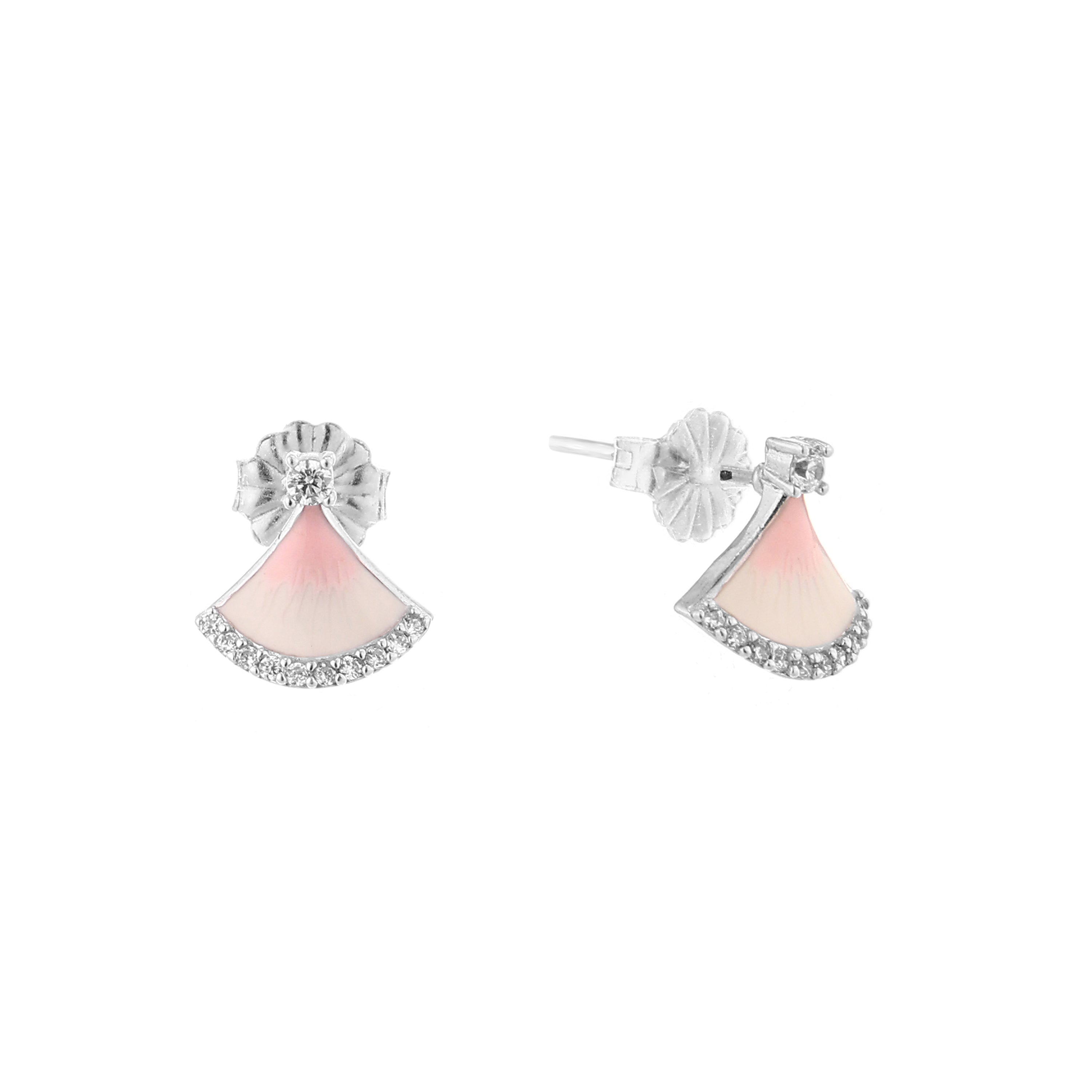 Pink Enamel Fan Silver Stud Earrings