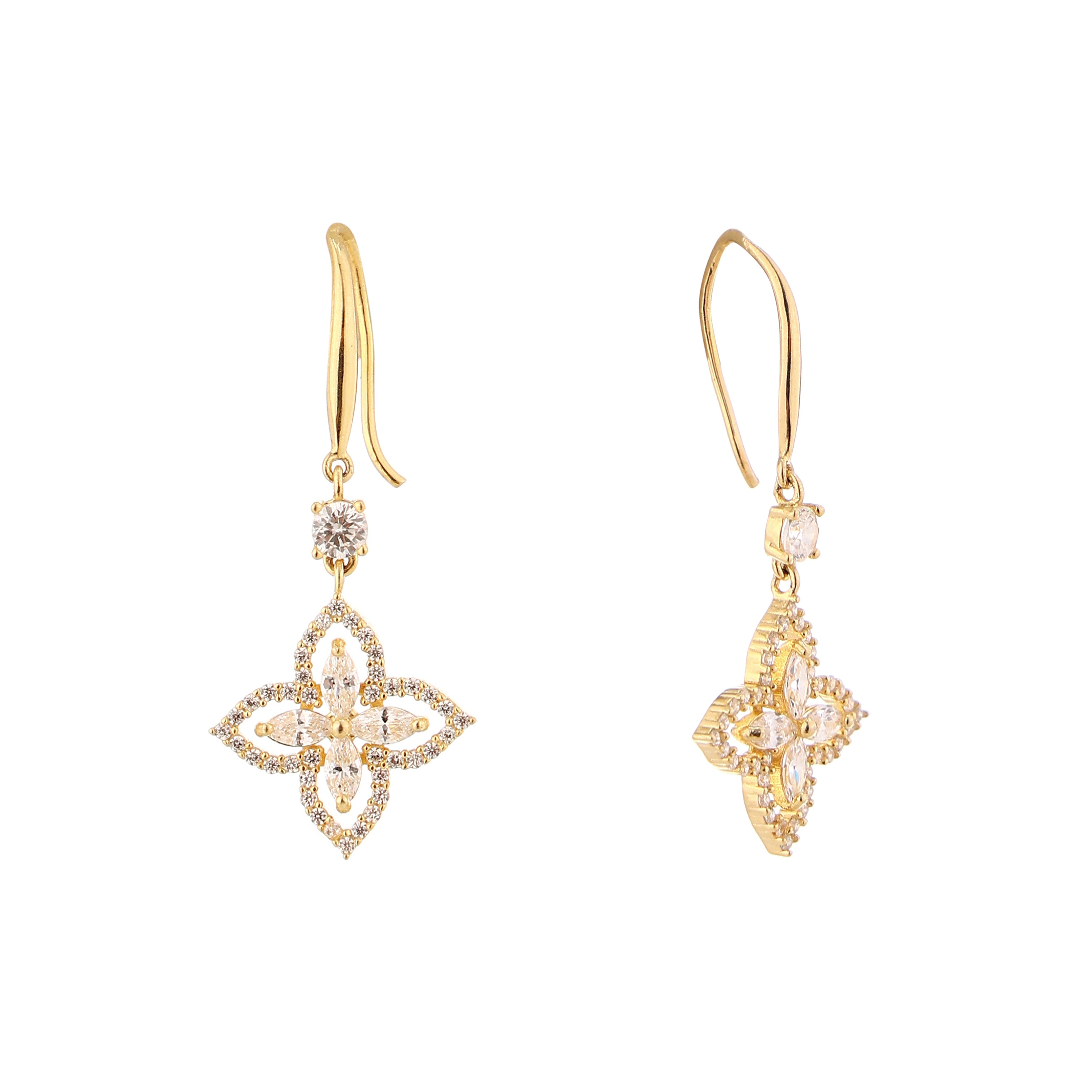 Floral Clover Marquise Gold-Plated Silver Drop Earrings