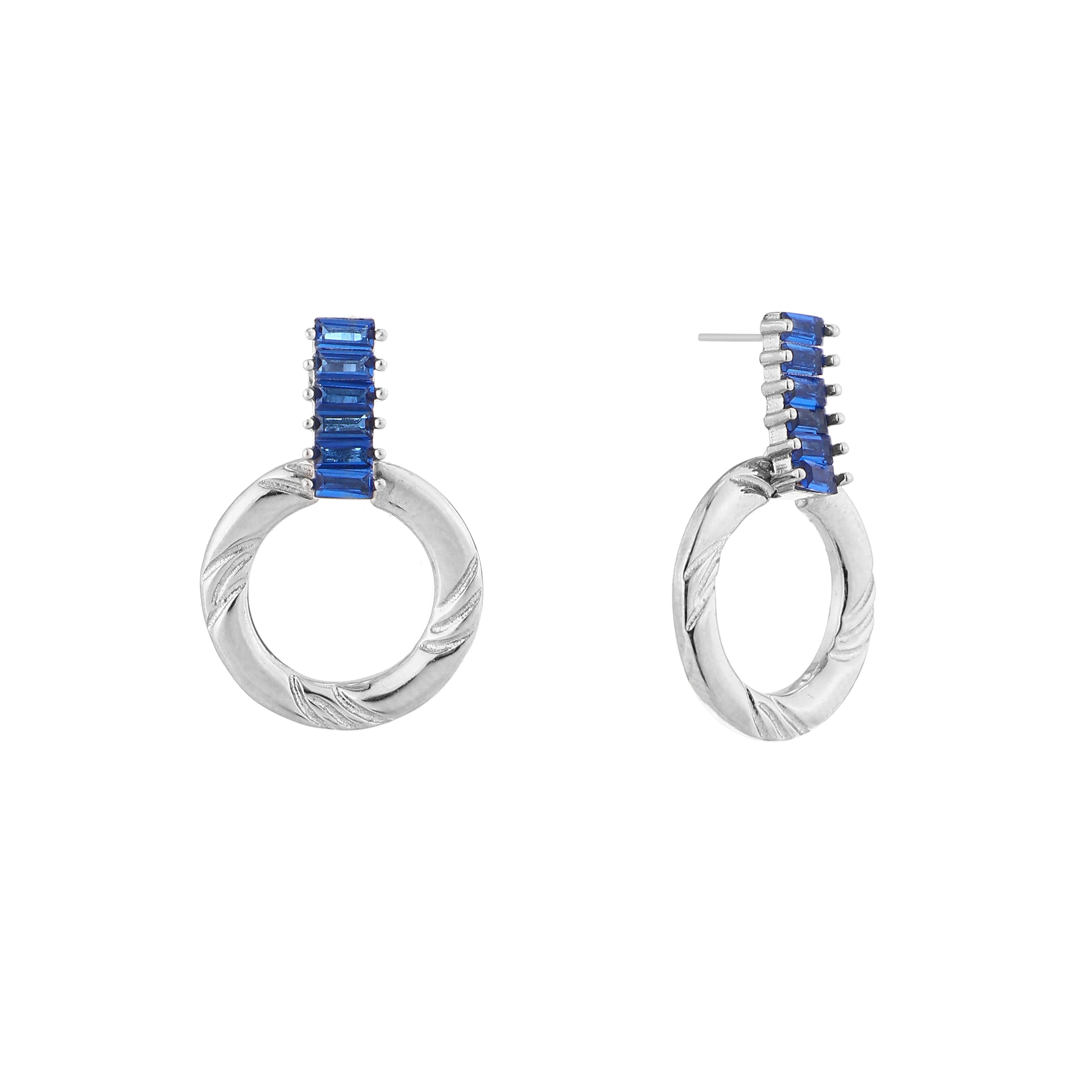 Sapphire Baguette Textured Hoop Silver Drop Earrings