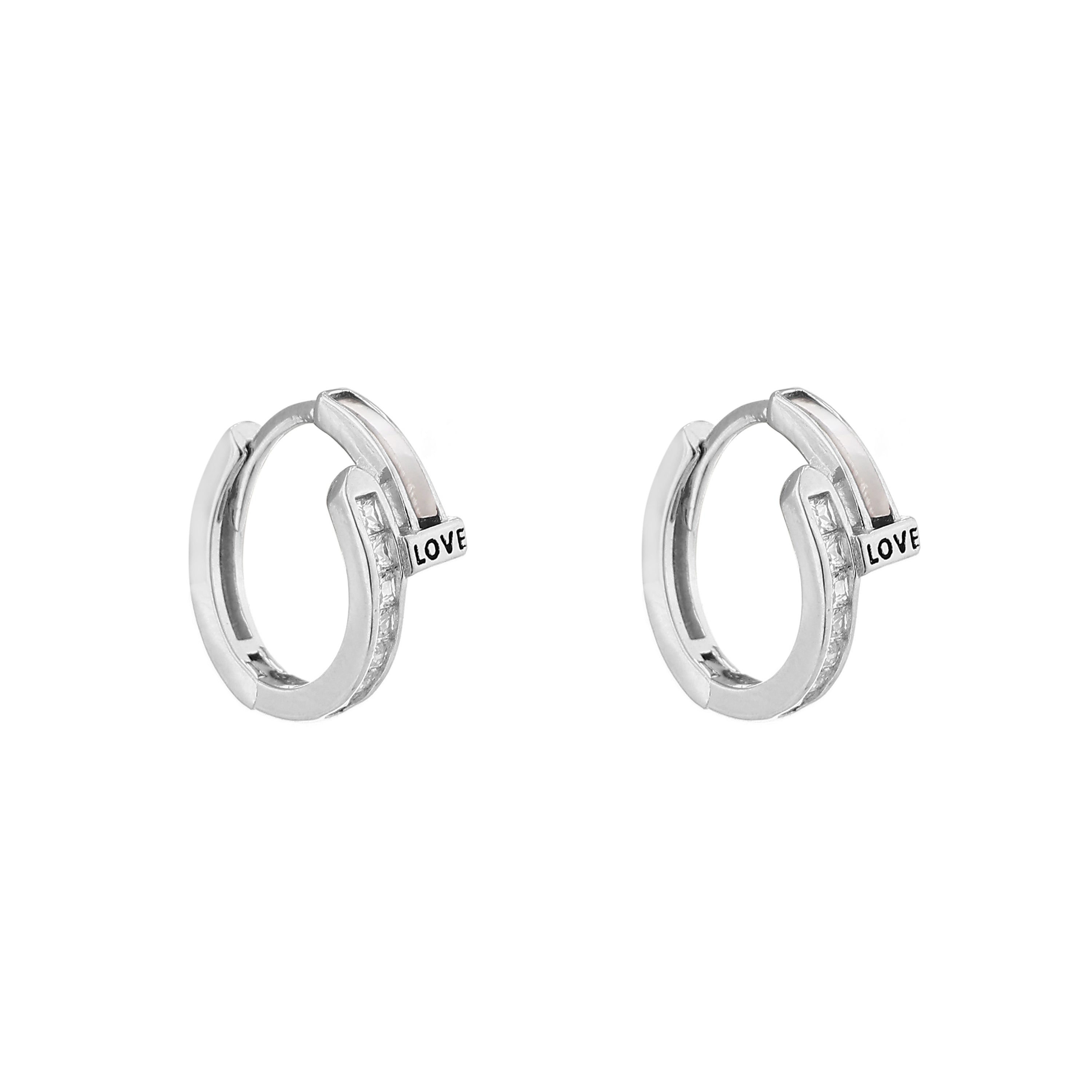 "LOVE" Inscribed Mother-of-Pearl Silver Huggie Earrings