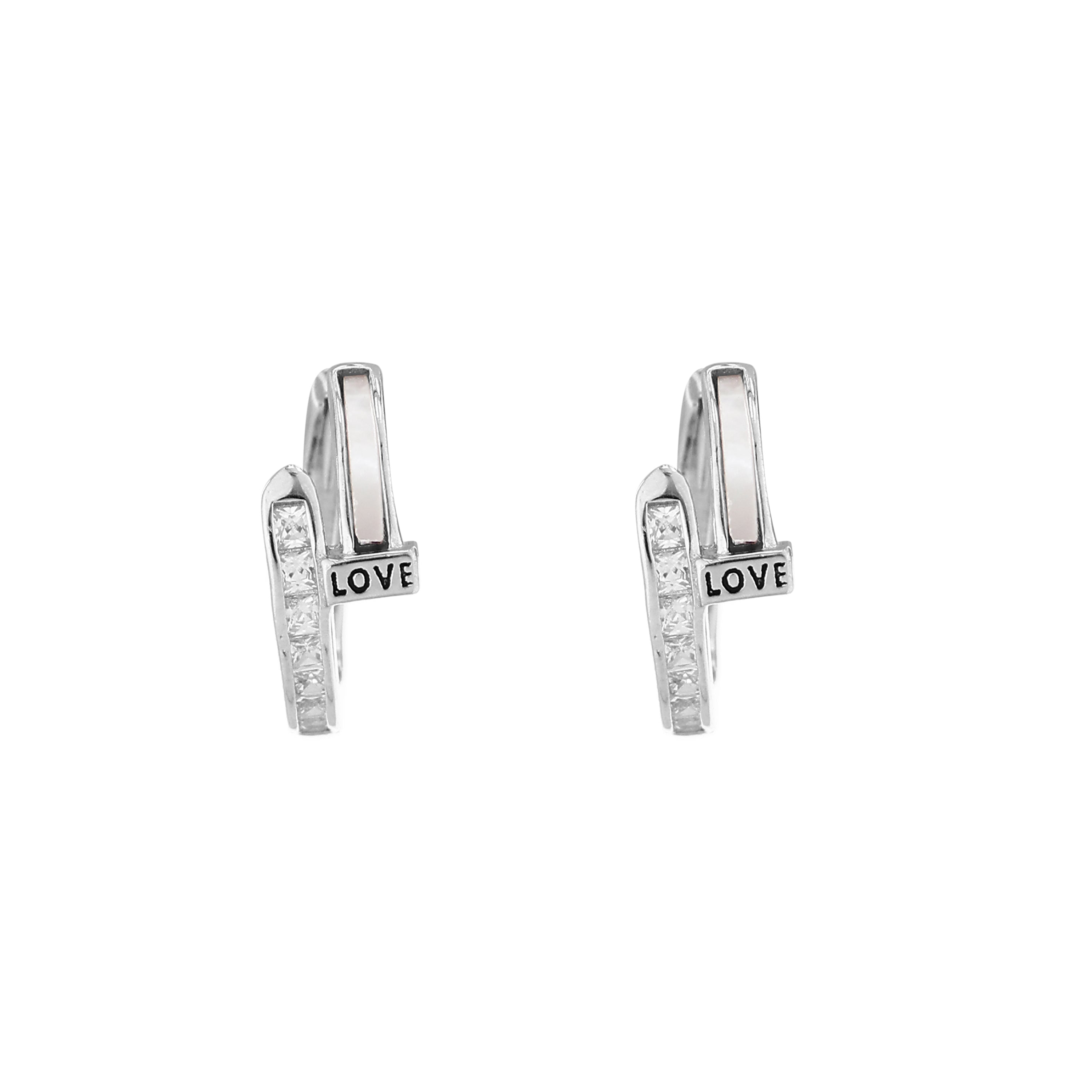 "LOVE" Inscribed Mother-of-Pearl Silver Huggie Earrings