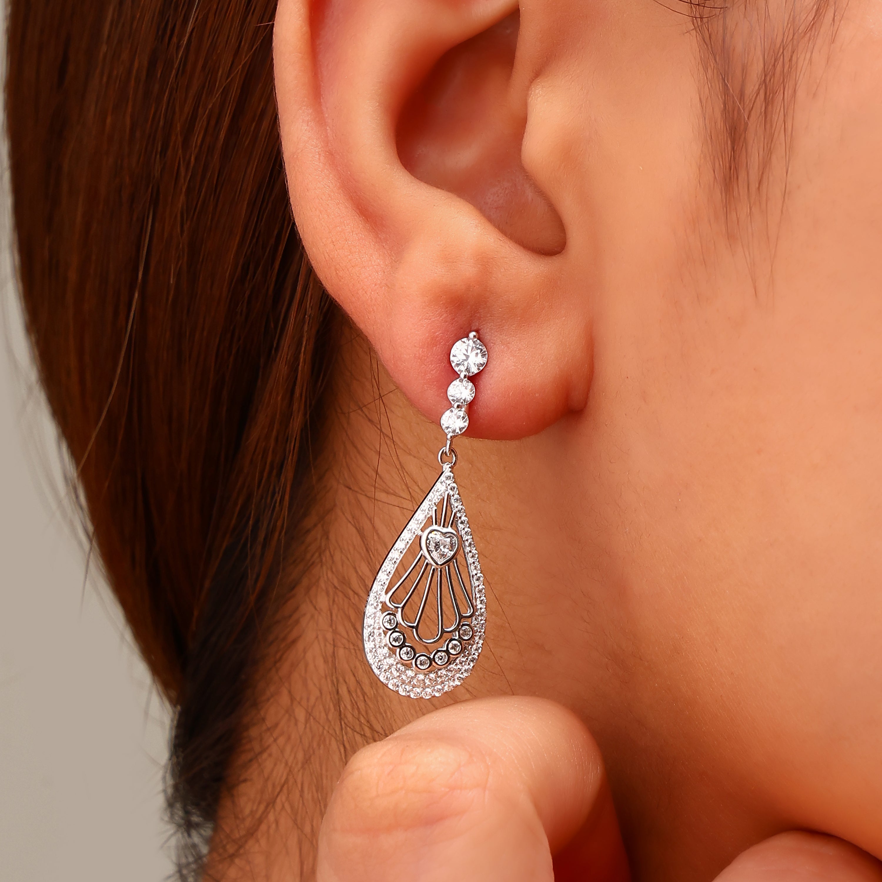 Heart & Teardrop Filigree Silver Drop Earrings