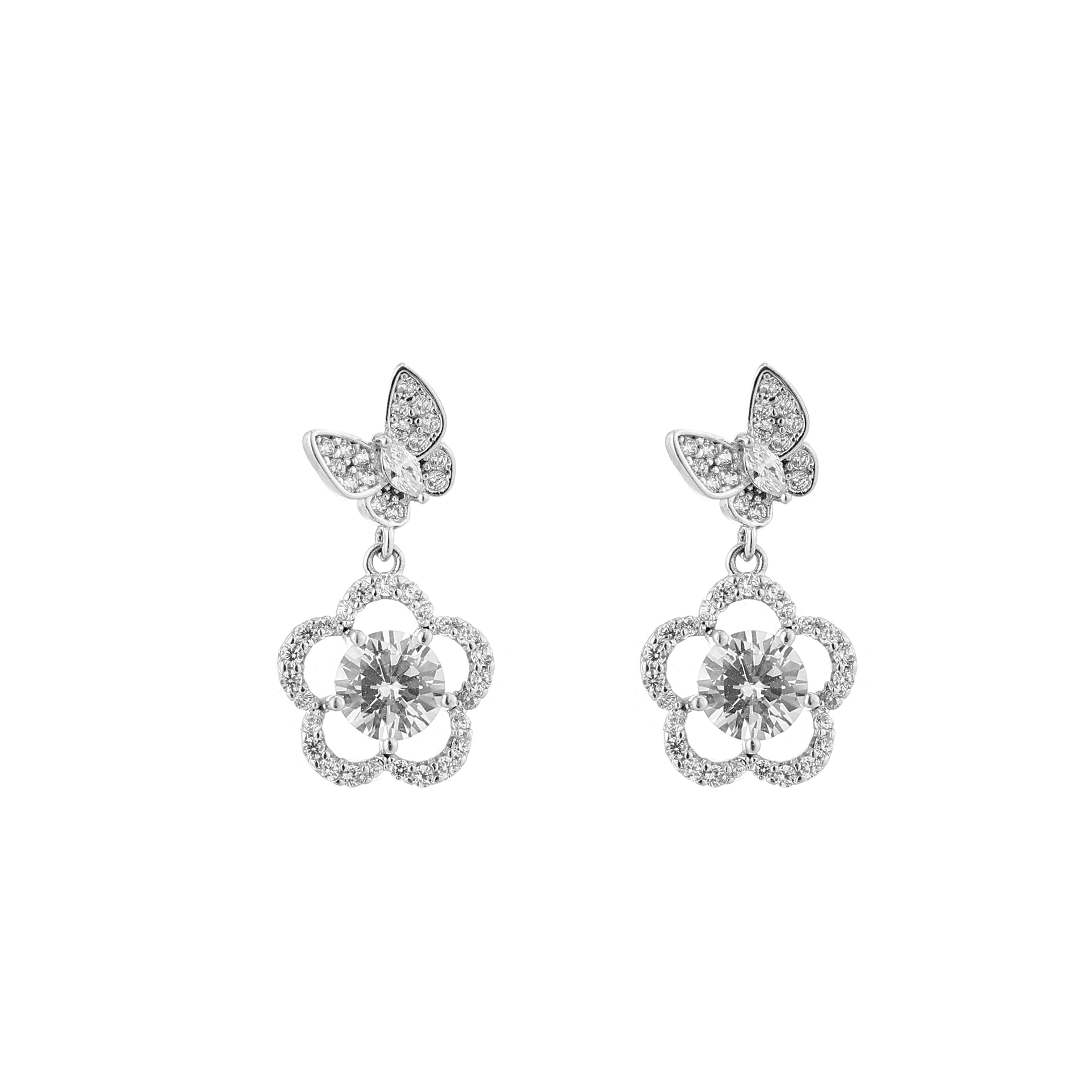 Butterfly Flower Solitaire Silver Drop Earrings