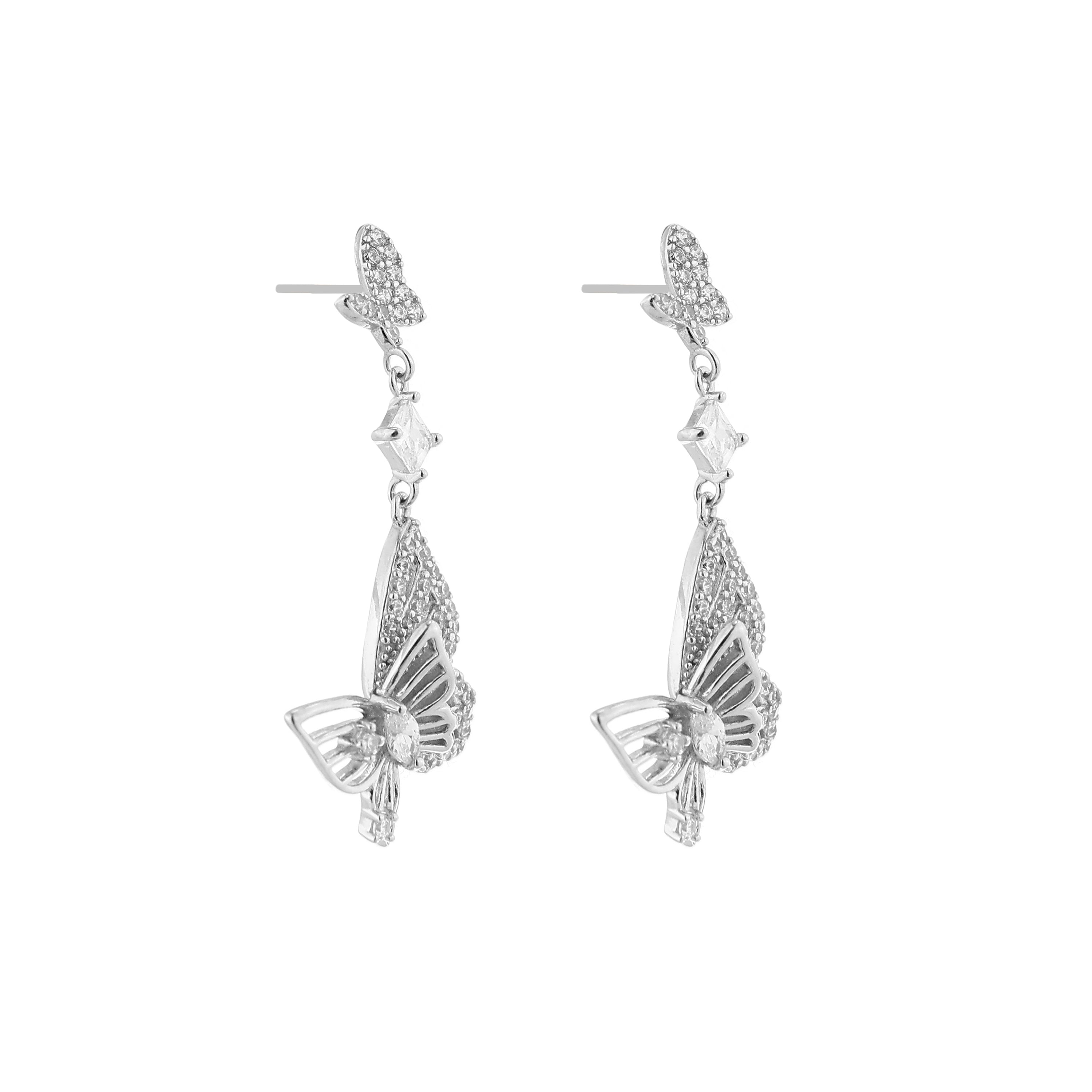 Cascading Dual Butterfly Silver Drop Earrings