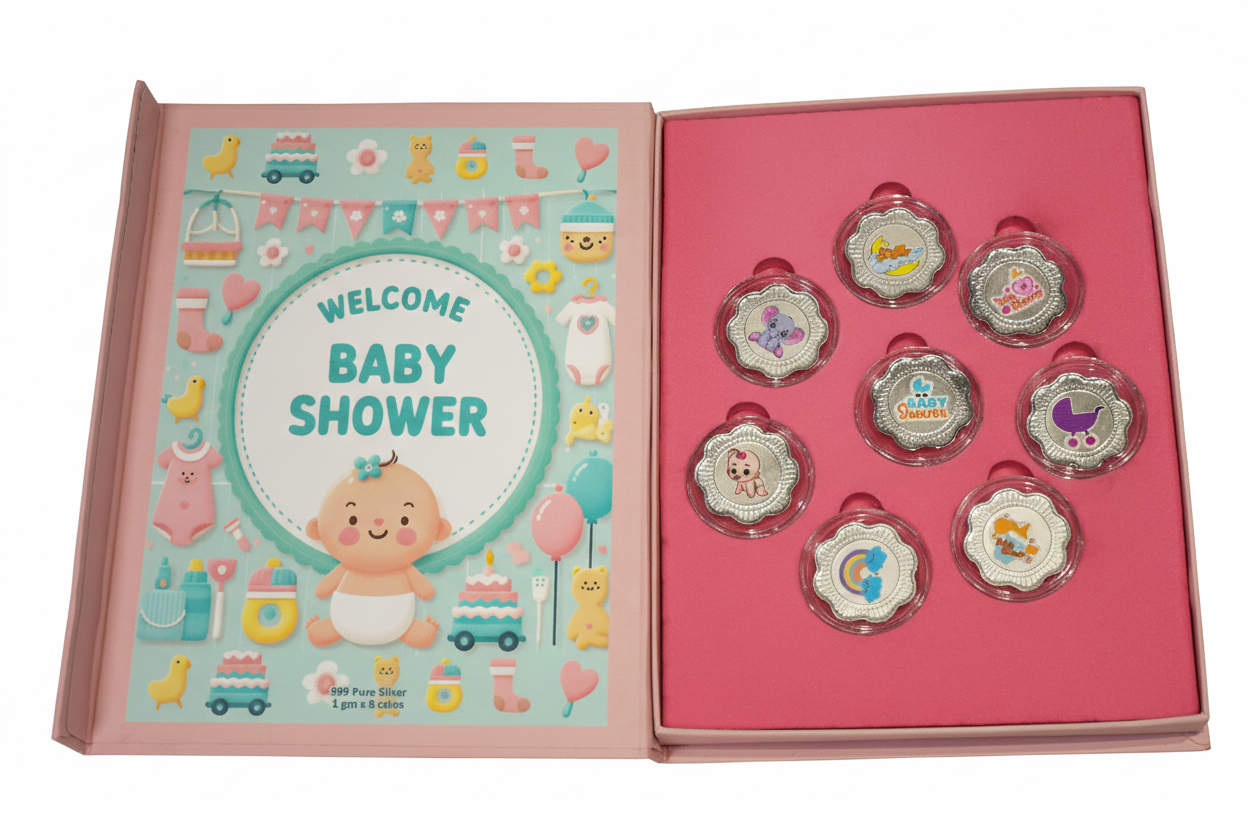 Baby shower Silver coin gift box | Set of 8 coins