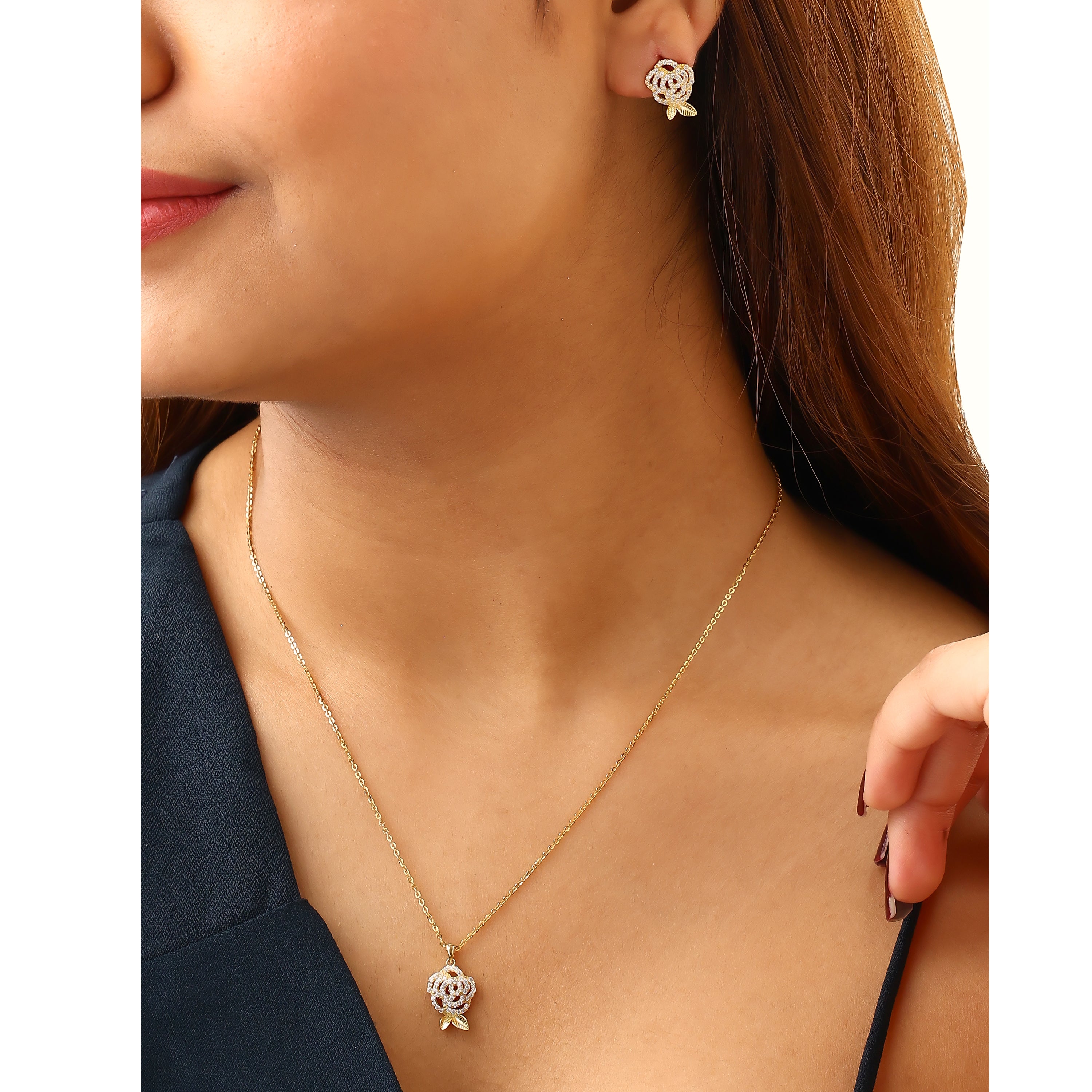 Sparkling Rose Blossom Gold-Plated Silver Pendant Set