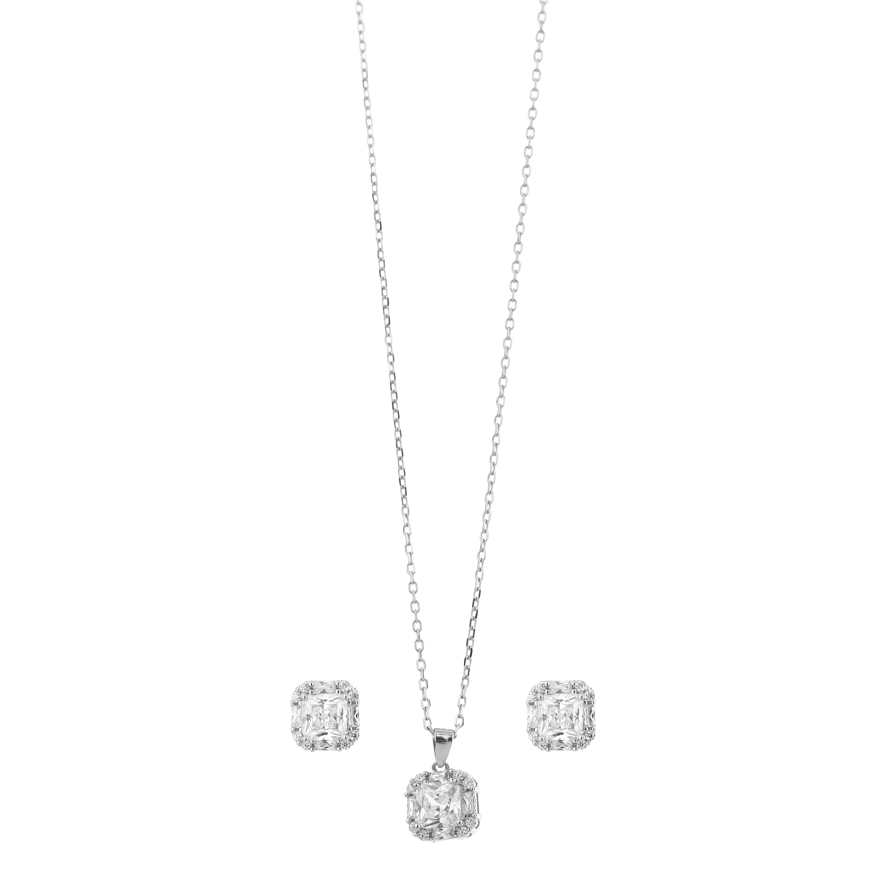 Radiant Cushion Halo Silver Pendant Set