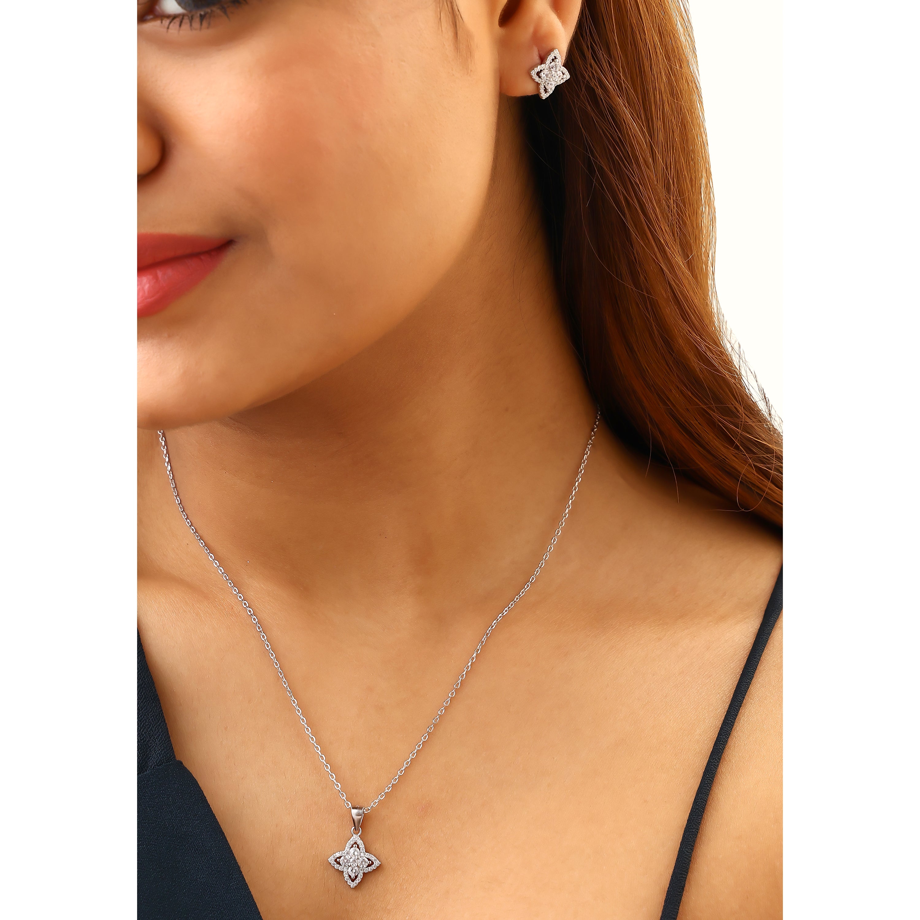 Floral Motif Sparkle Silver Pendant Set