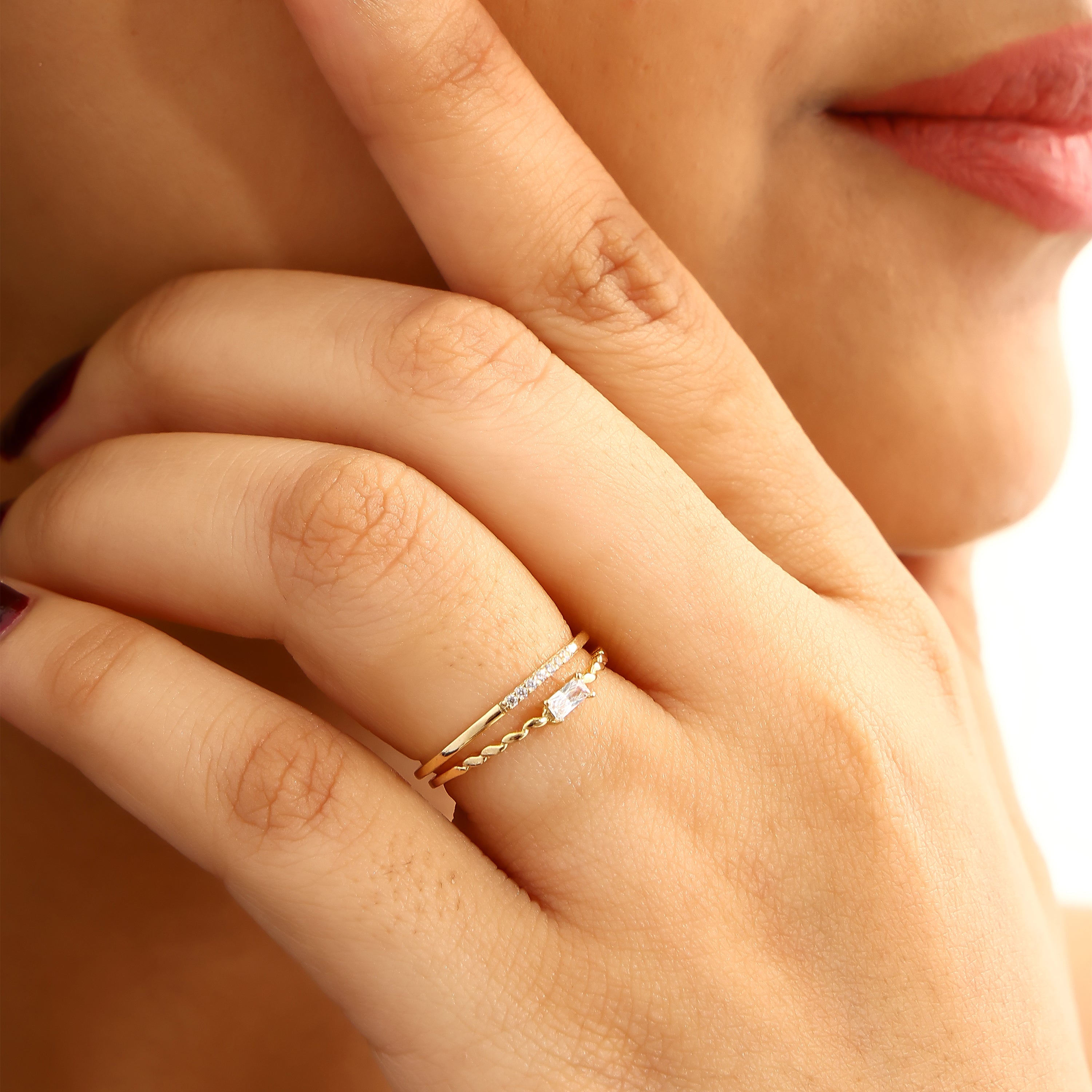 Baguette Solitaire Double Band Gold-Plated Silver Ring