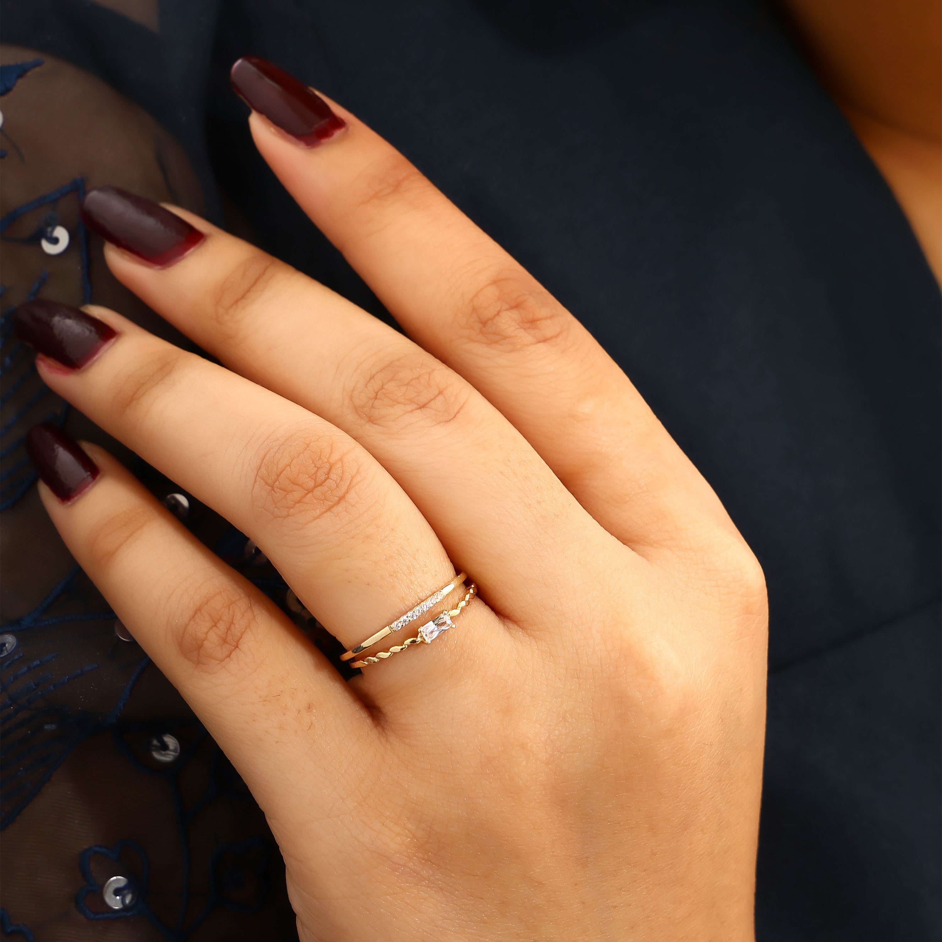 Baguette Solitaire Double Band Gold-Plated Silver Ring