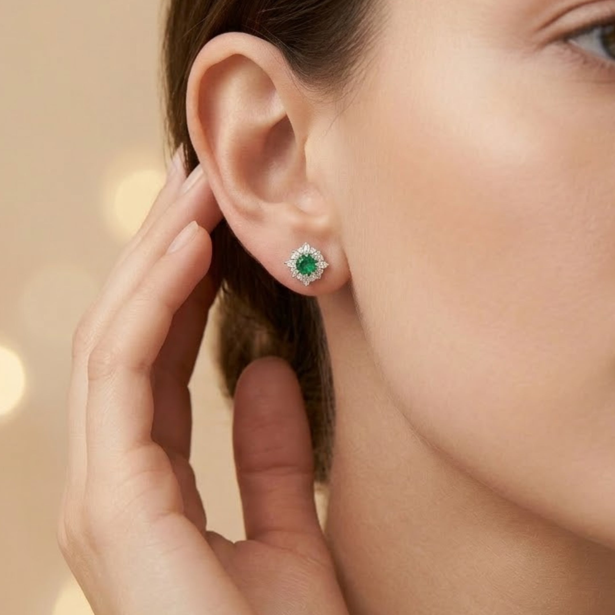 Emerald glow 925 silver stud earrings green stone for women