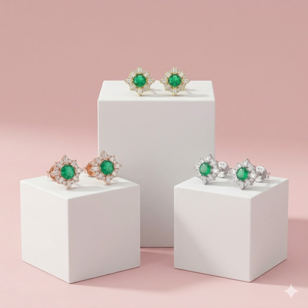 Emerald silver stud earrings combo set 925 silver jewelry