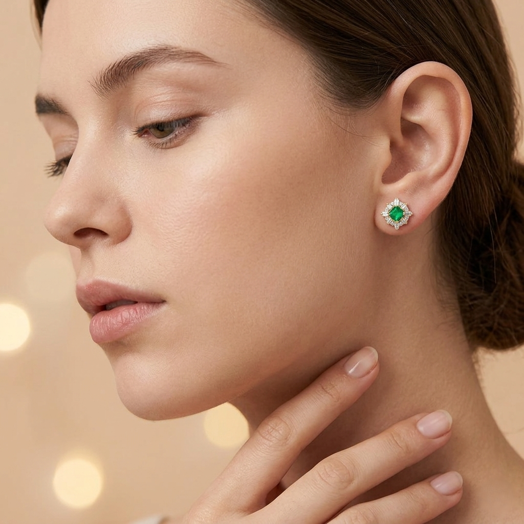 Emerald stud earrings worn by model gold finish elegant look