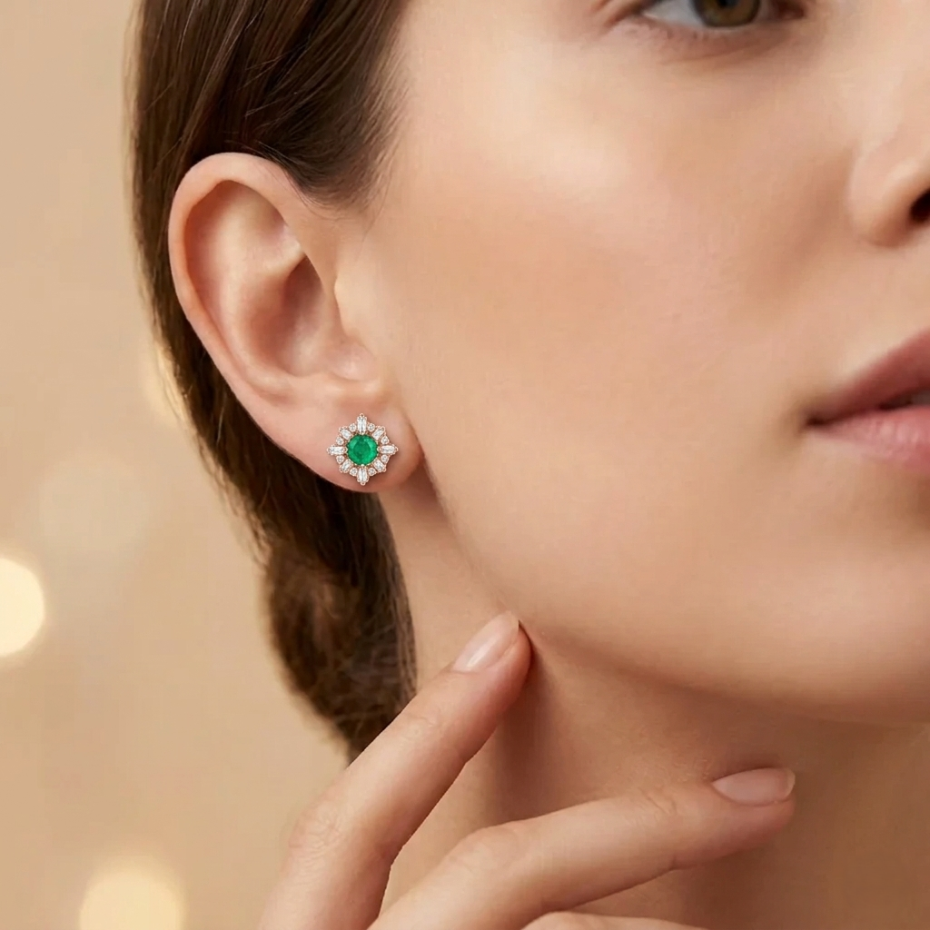 Emerald stud earrings worn by model rosegold finish stylish look