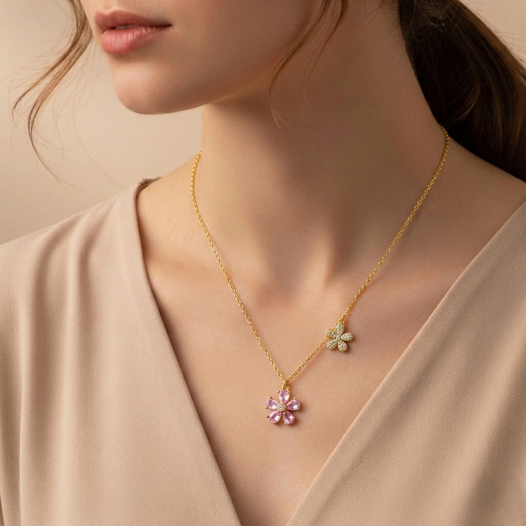 Model wearing gold blossom pendant necklace elegant look