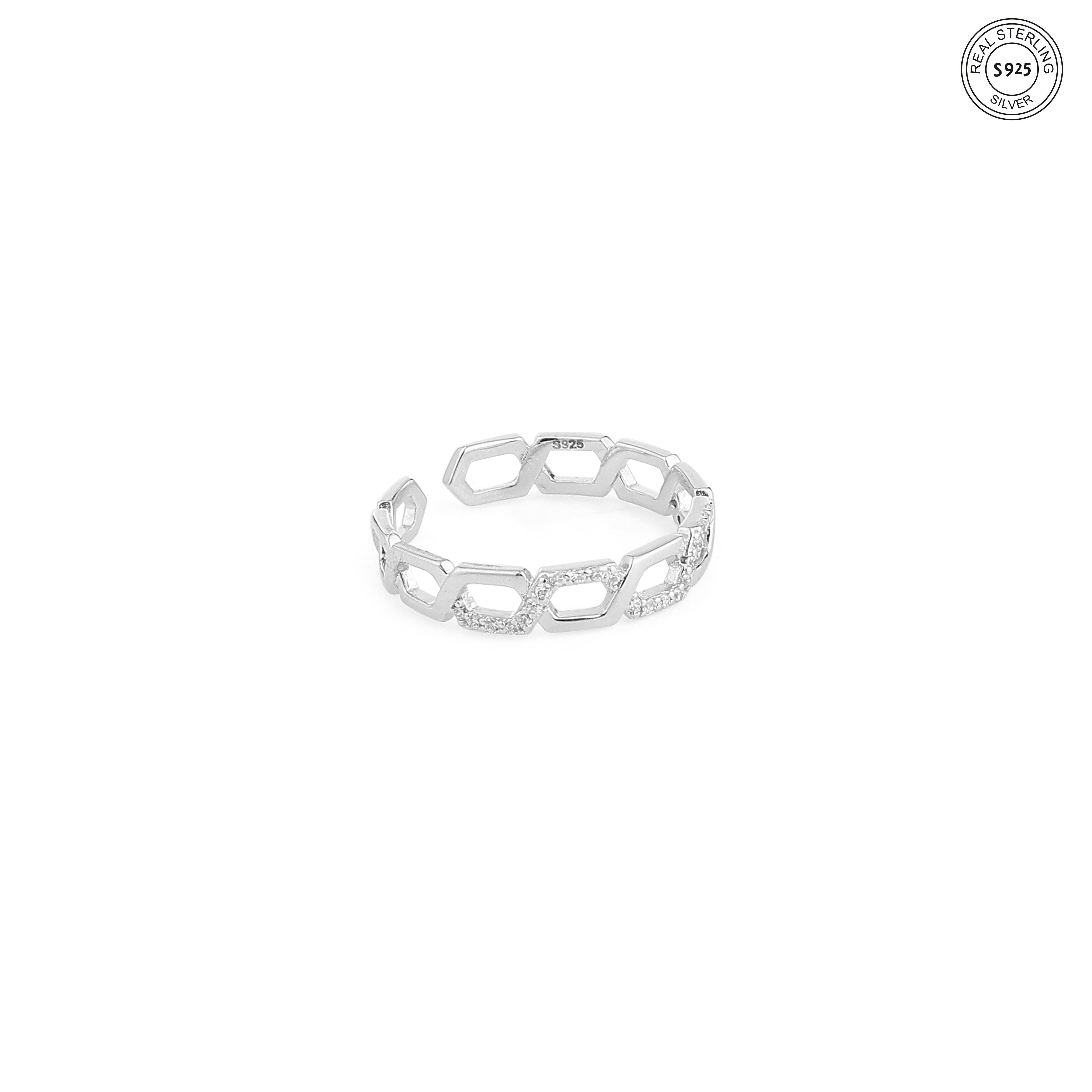 Hexagon link silver ring modern sleek band