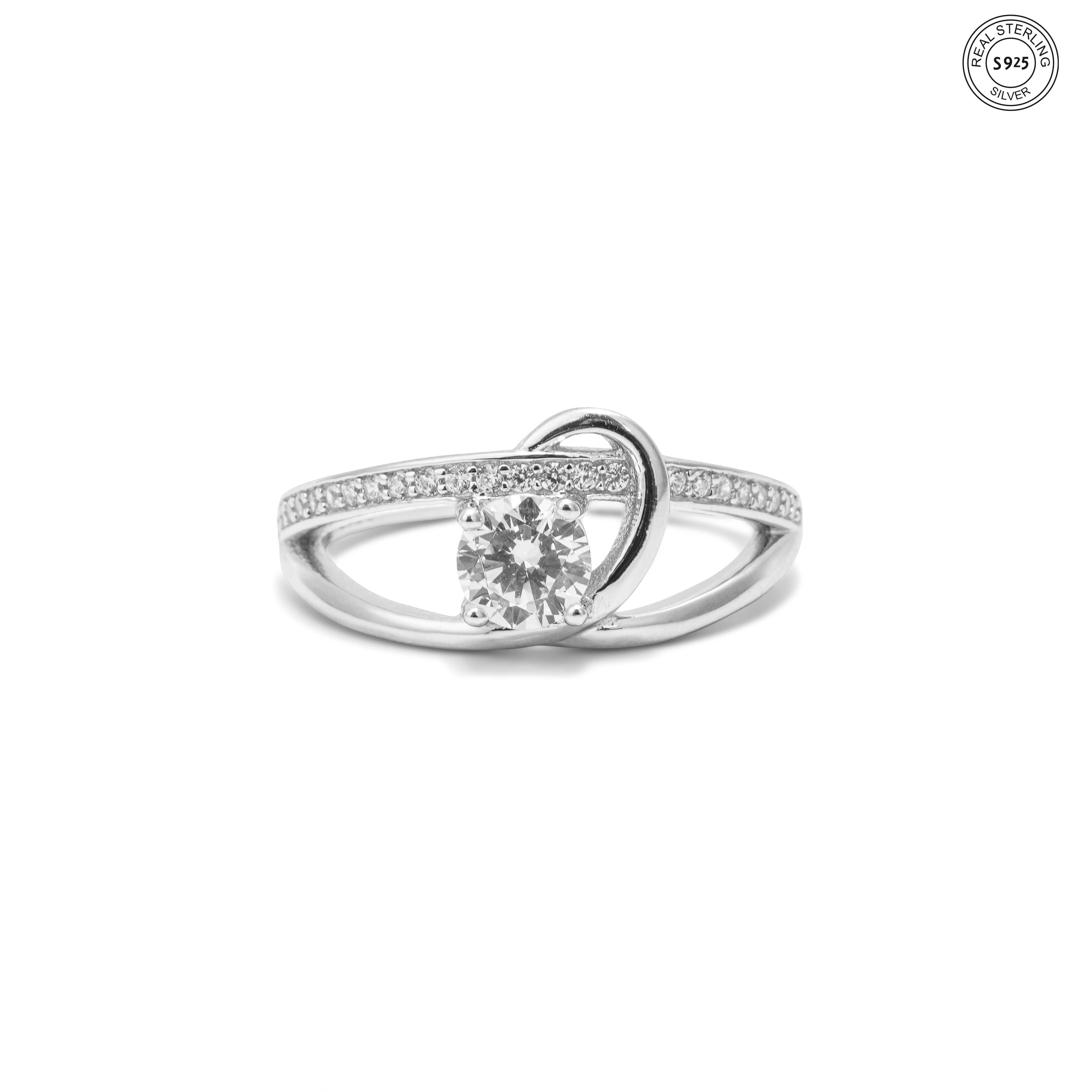Intertwined band 925 silver solitaire ring on white background