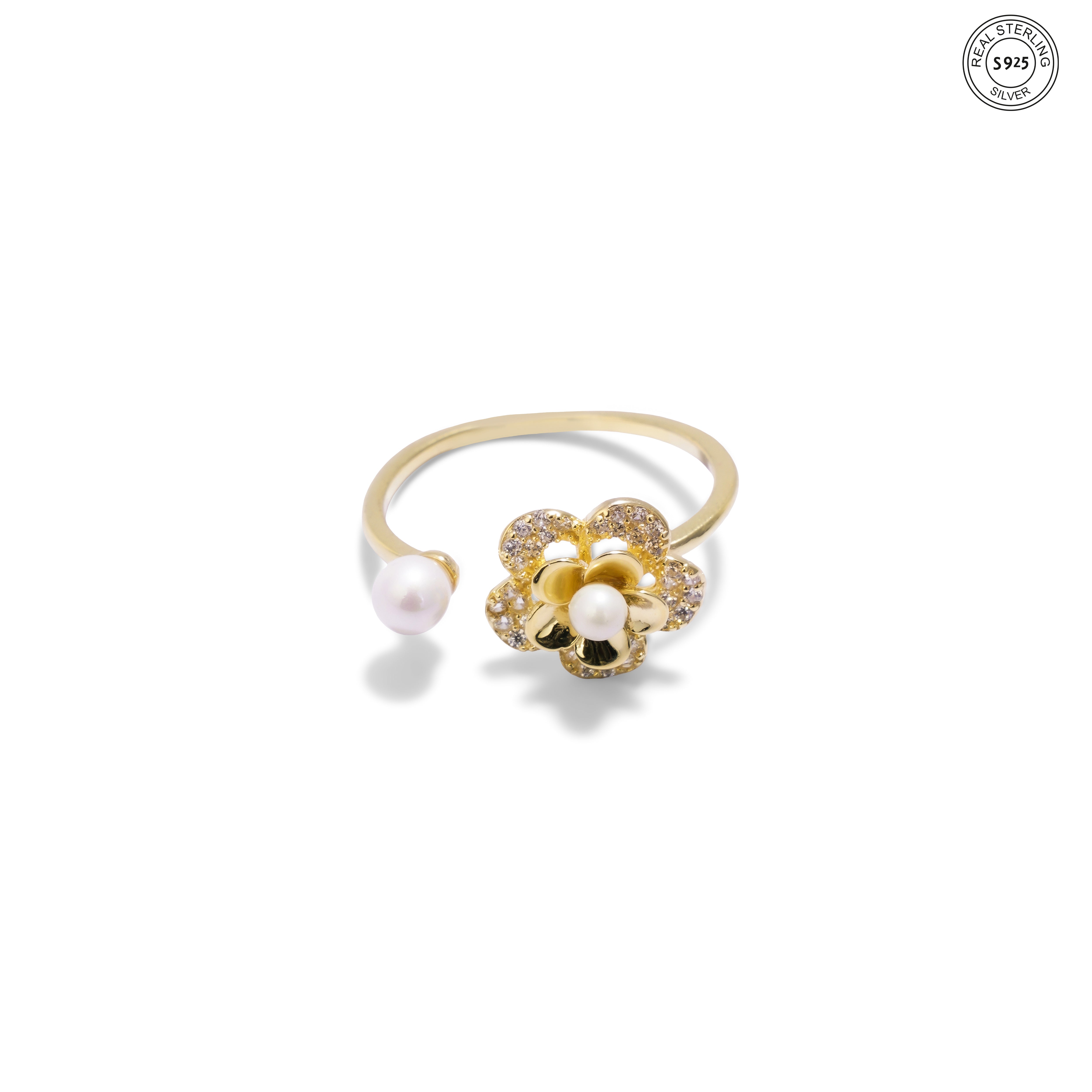 Pearl flower silver ring 925 silver floral ring for women