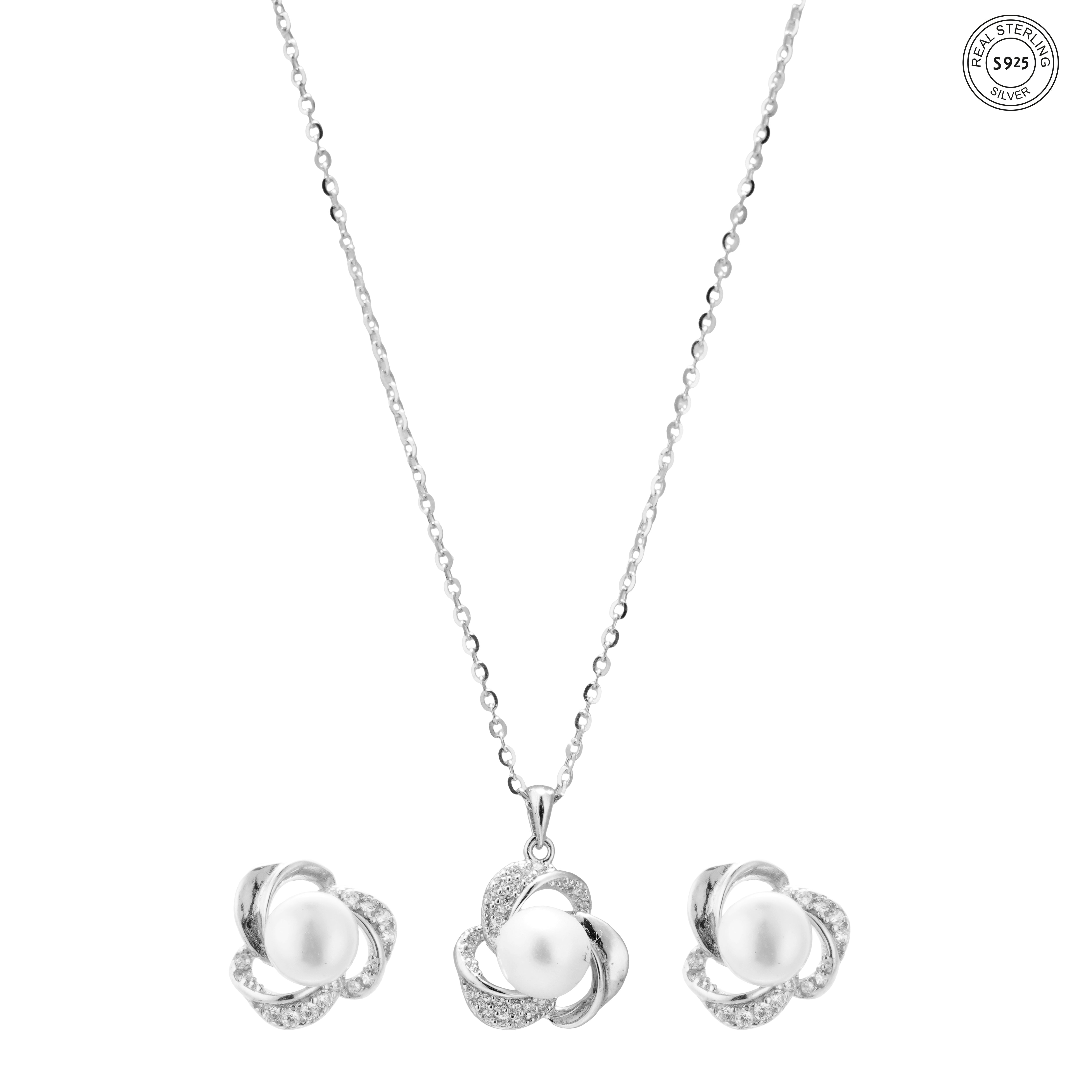 Pearl necklace and earrings set for women elegant 925 silver jewelry