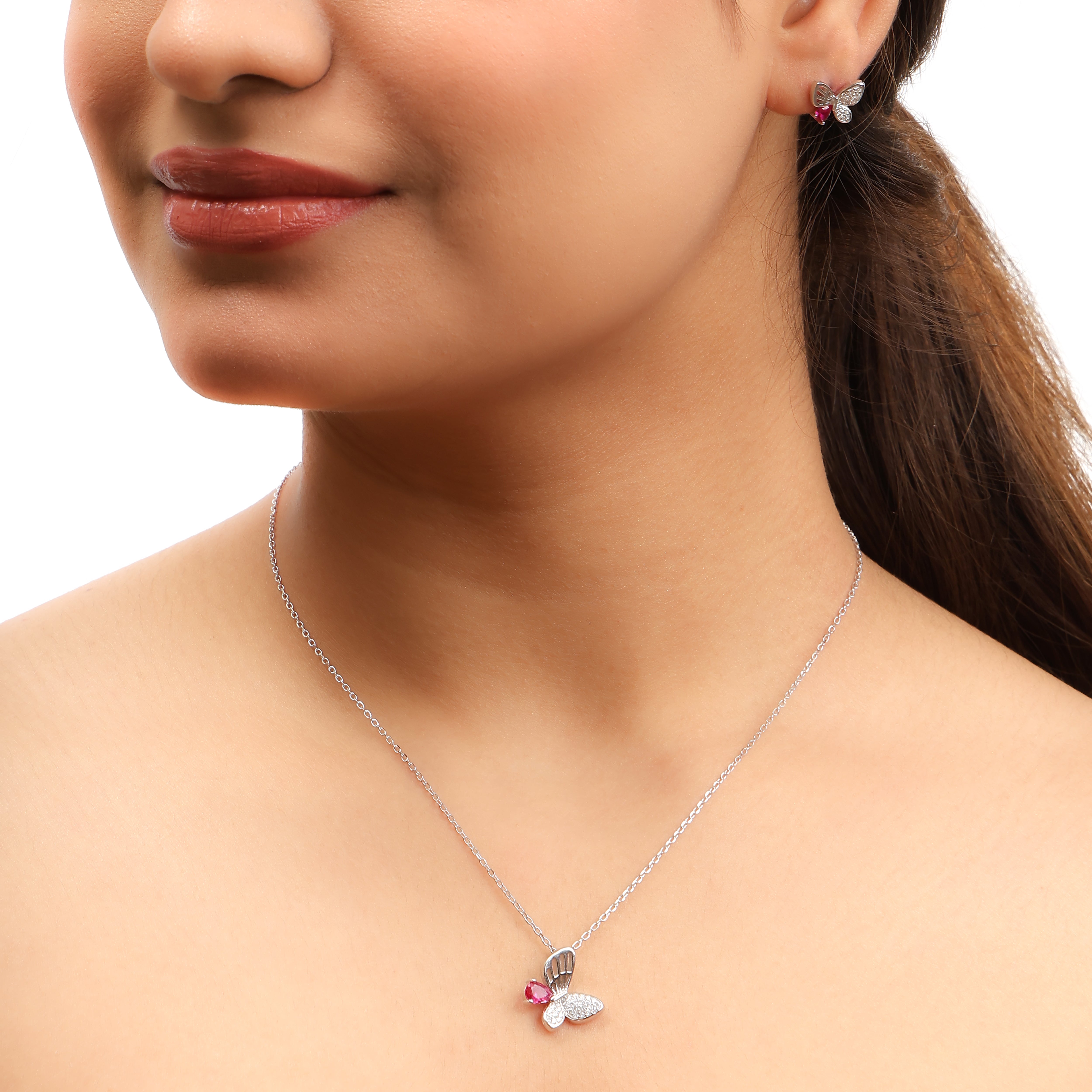 Pink flutter silver jewelry set 925 silver necklace and earrings for women