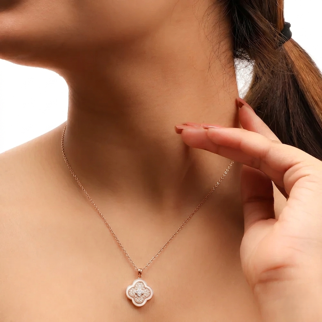 Rosegold floral silver pendant necklace worn by model elegant jewelry