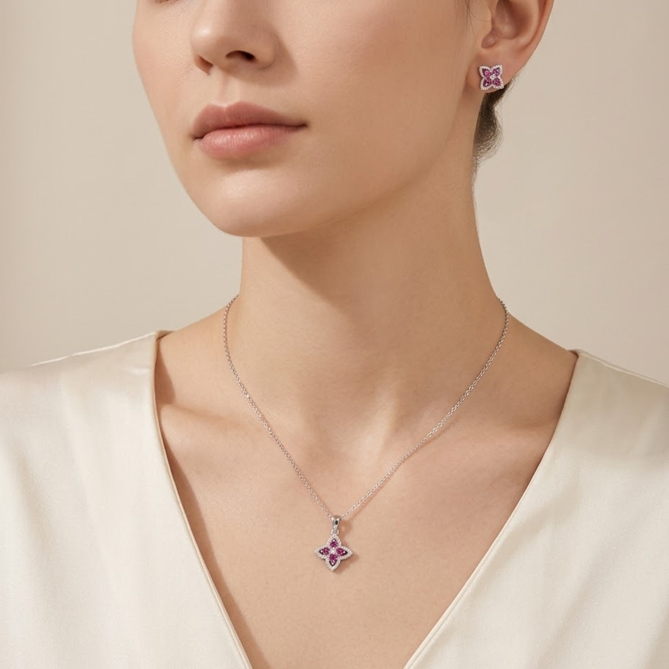 Silver ruby bloom set 925 pendant earring set for women elegant design