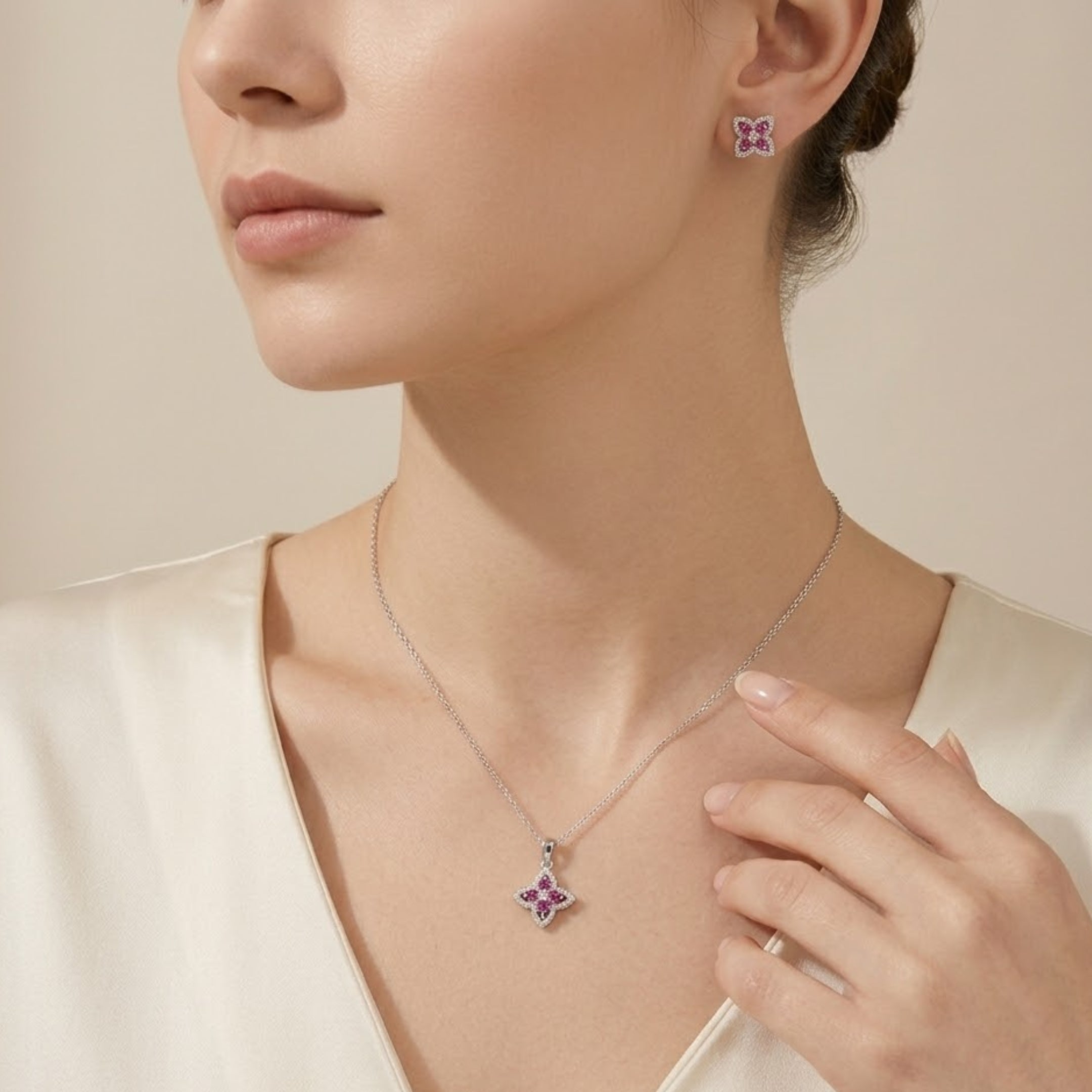 925 silver ruby necklace and earrings set for women classy floral design