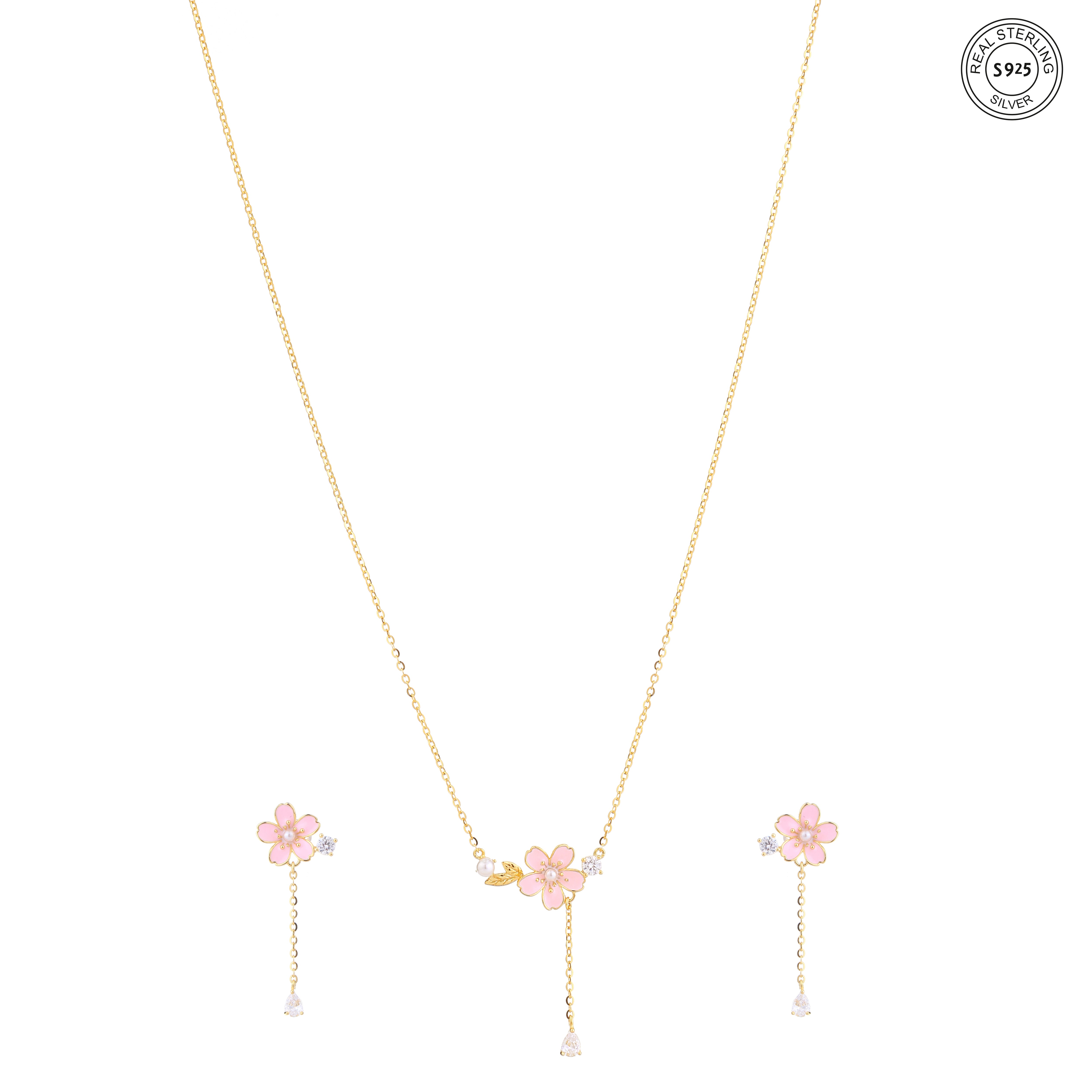 925 sterling silver bloom drop pendant earring set for girls lightweight