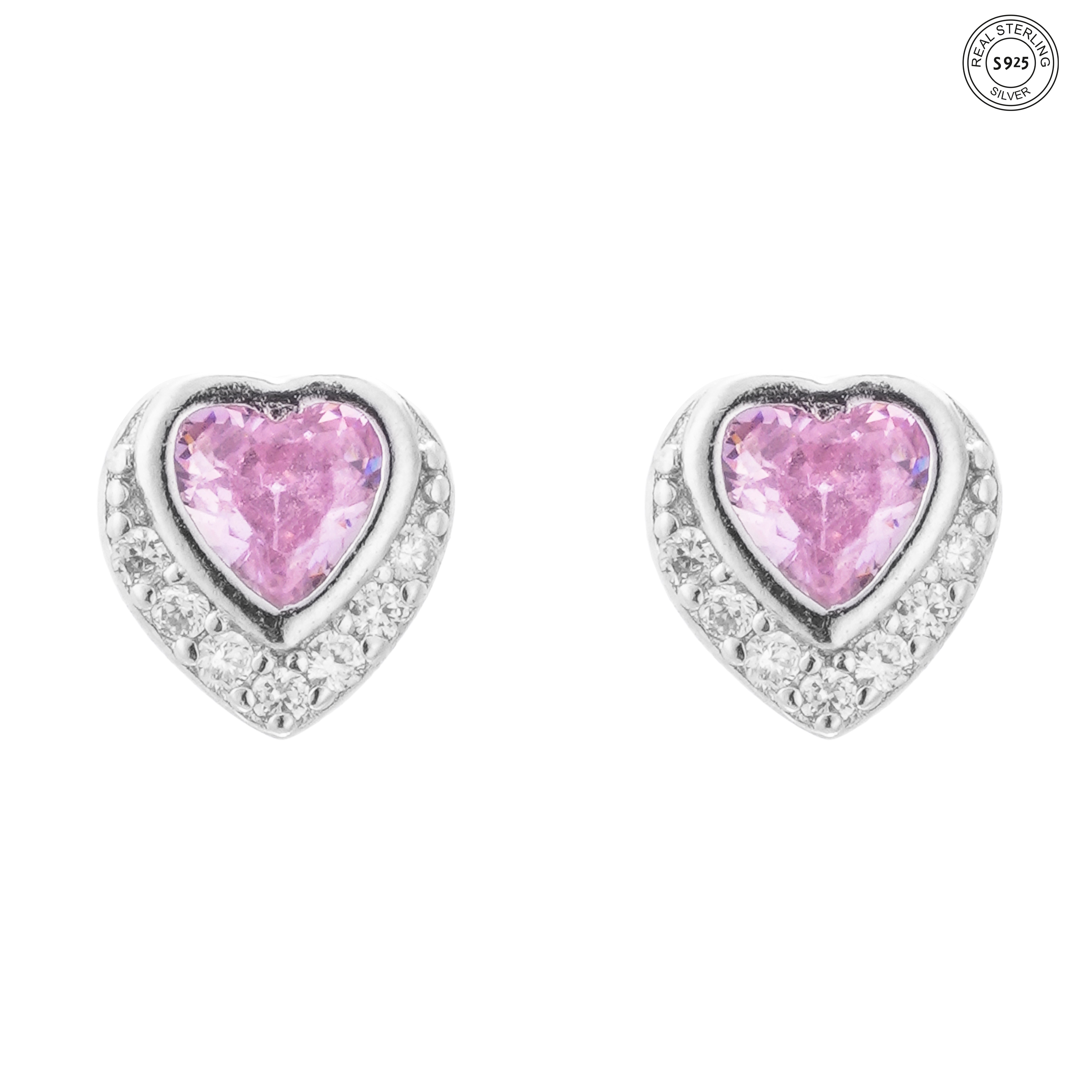 Heart-shaped pink gemstone earrings with silver detailing on a white background
