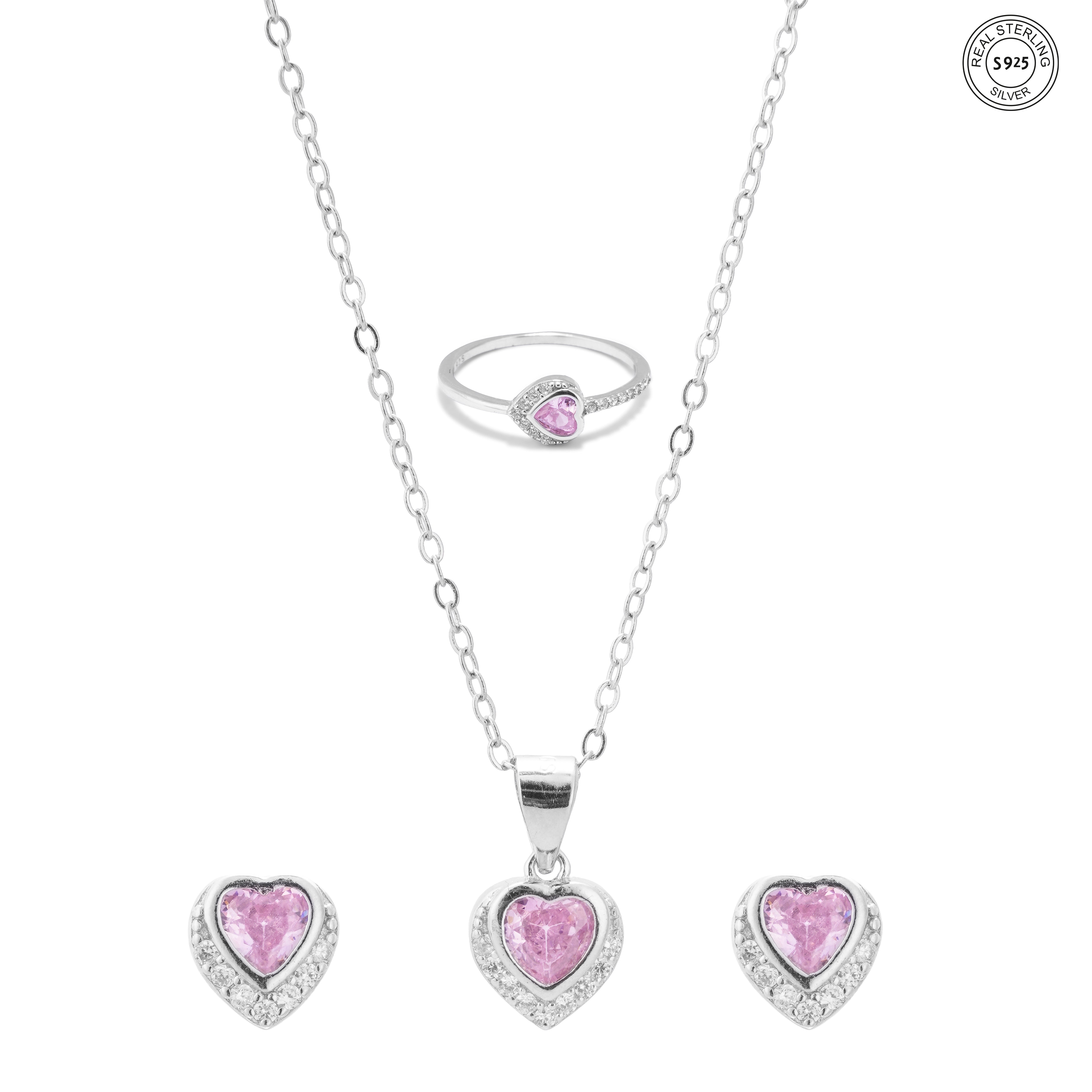Trio heart silver ring, pendant, and earrings minimalist romantic style
