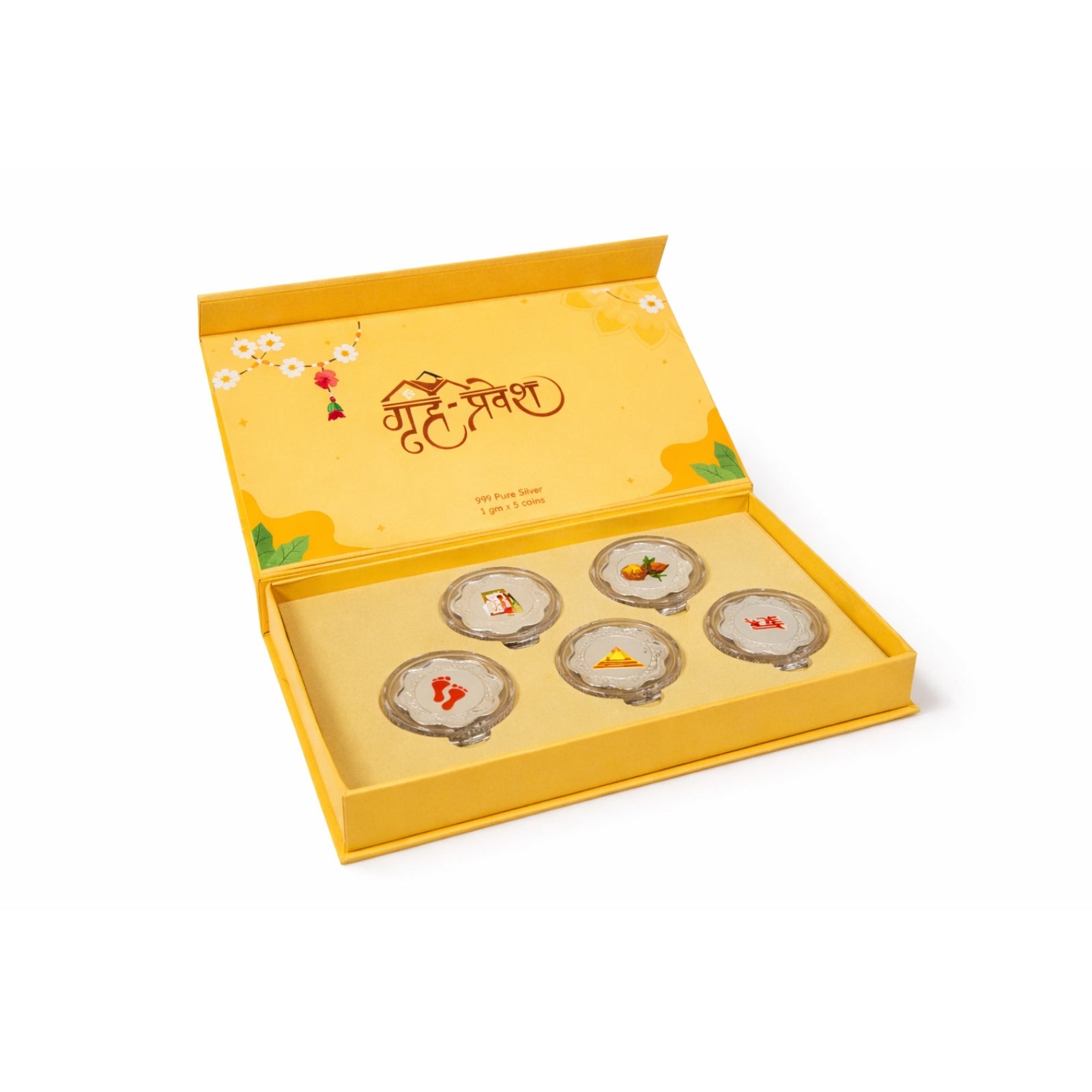 Griha Pravesh Silver coin gift box | Set of 5