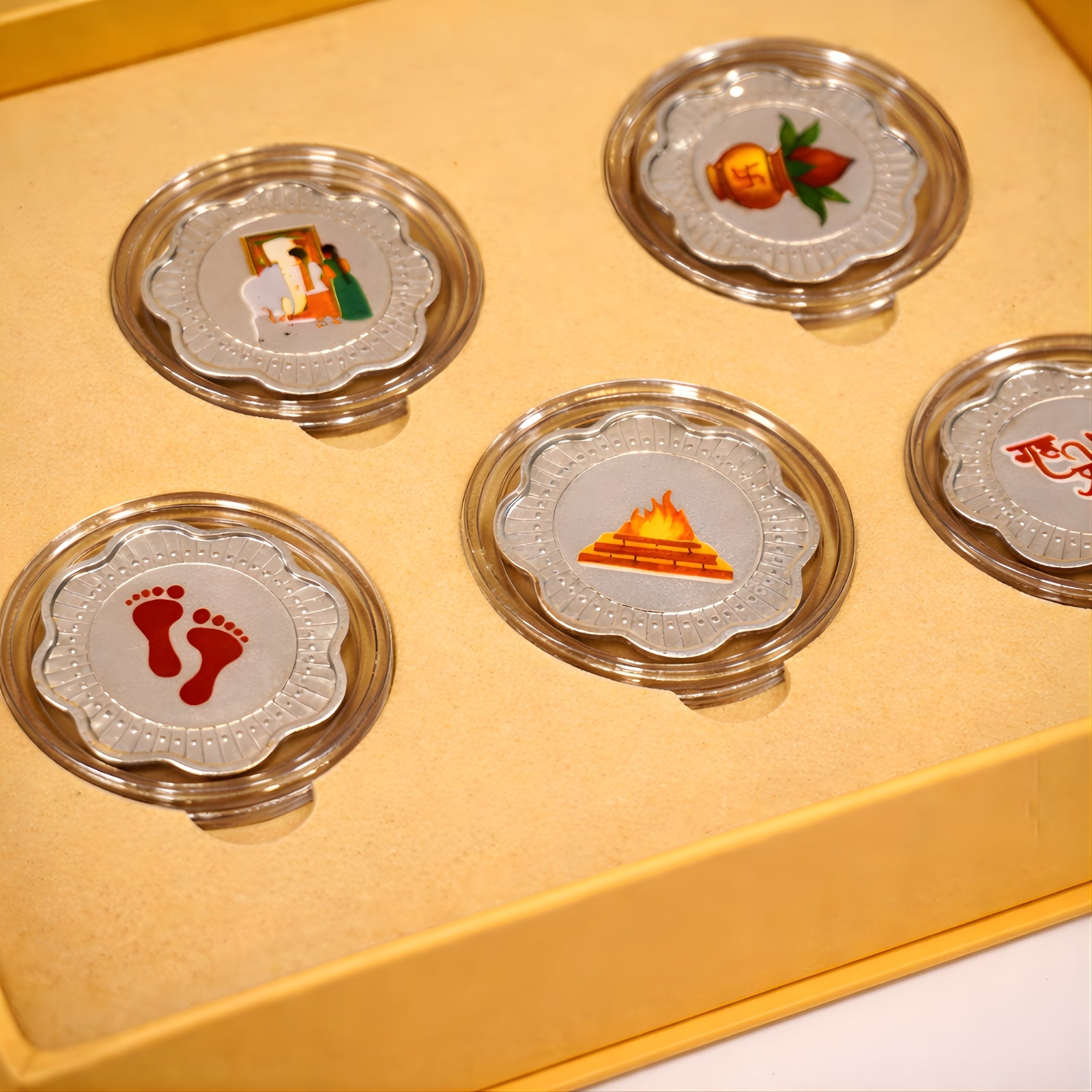 Griha Pravesh Silver coin gift box | Set of 5