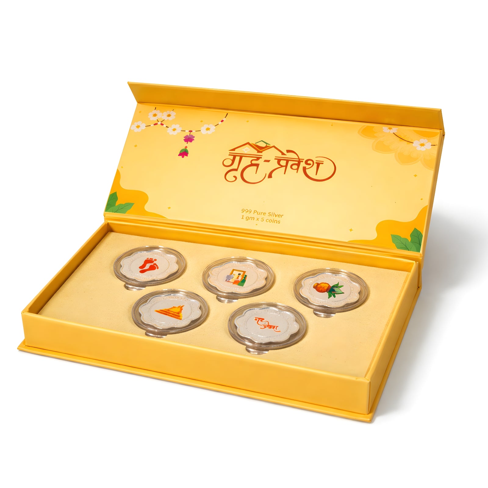 Griha Pravesh Silver coin gift box | Set of 5