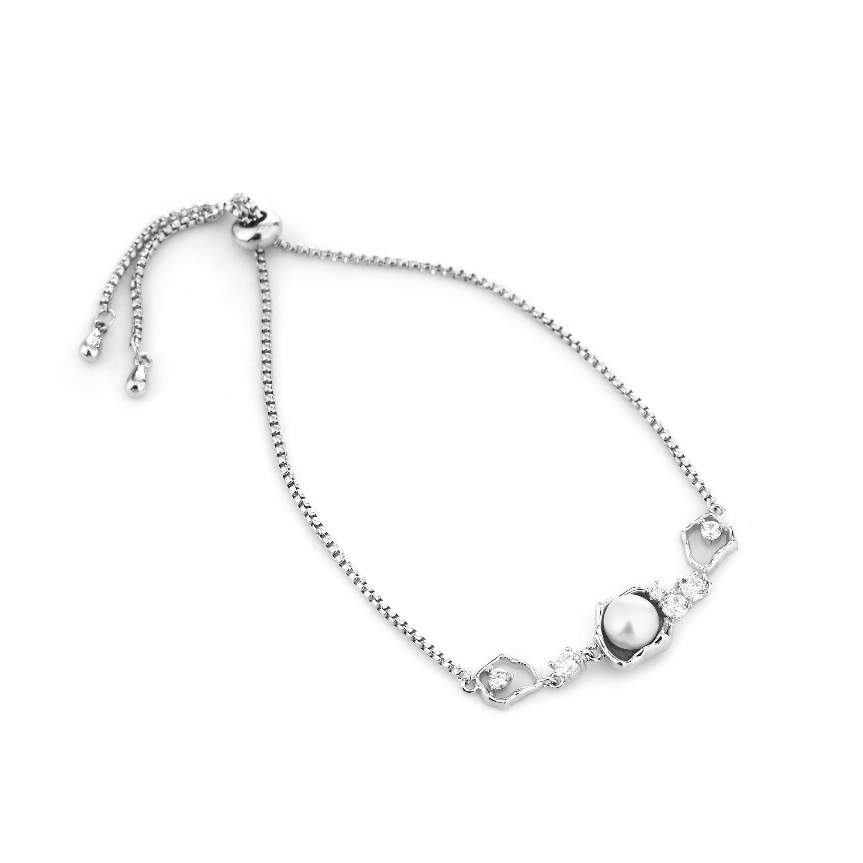 Luminous Pearl & Organic Frame Adjustable Silver Bracelet