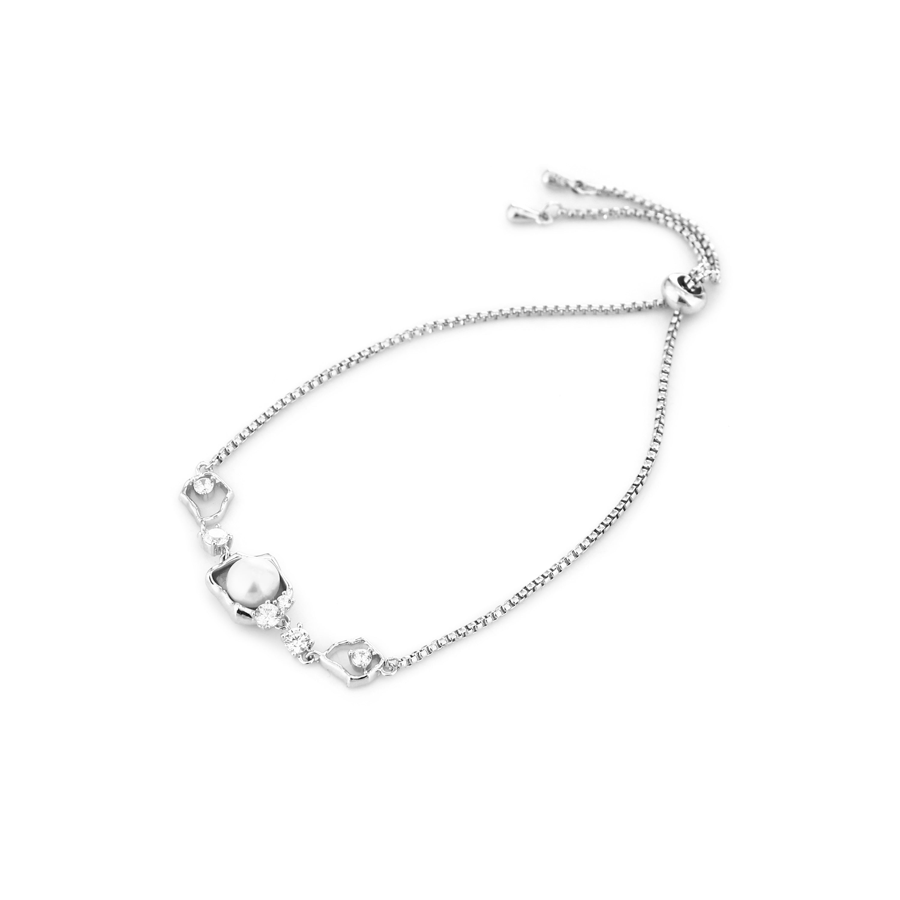 Luminous Pearl & Organic Frame Adjustable Silver Bracelet