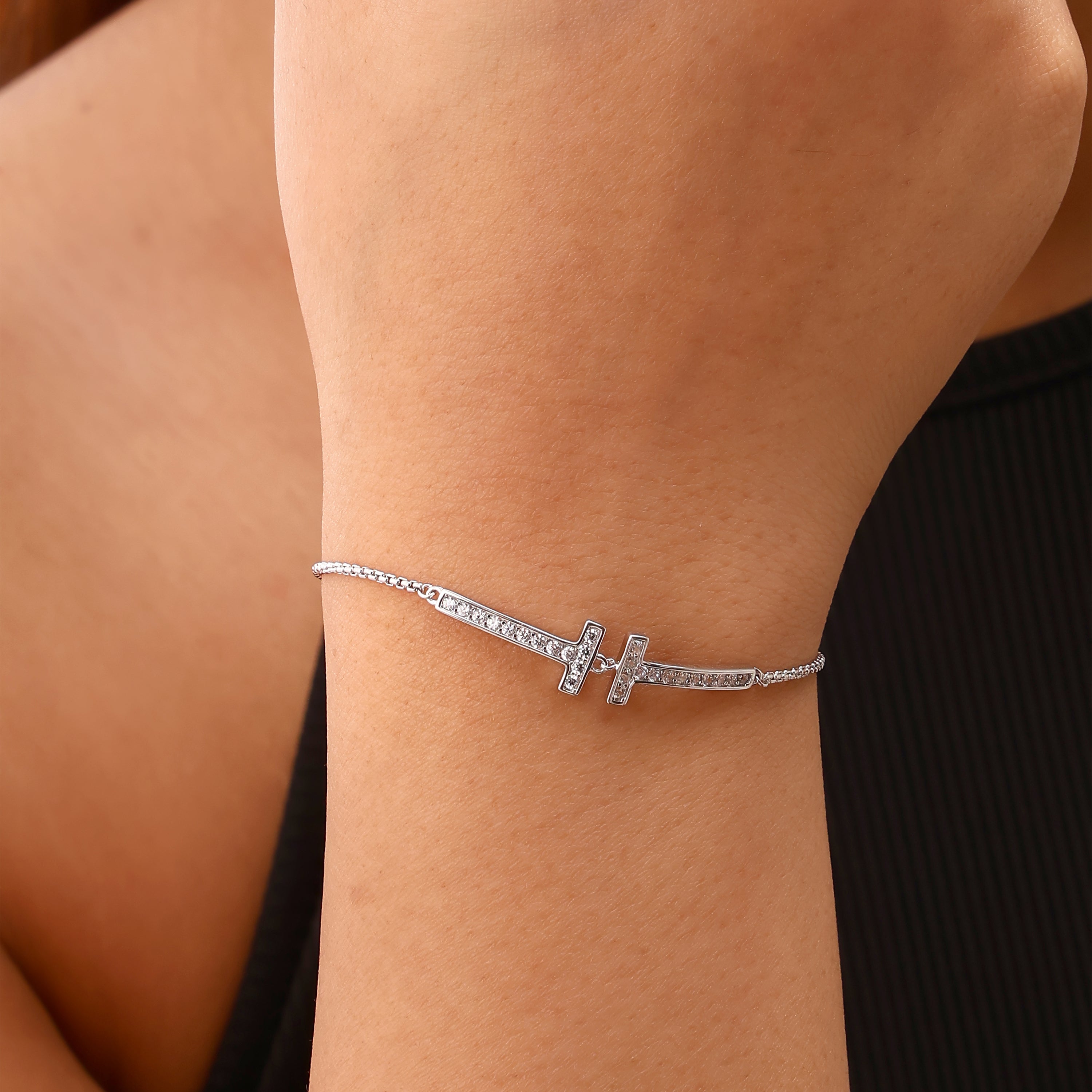 Double 'T' Bar Adjustable Silver Bracelet