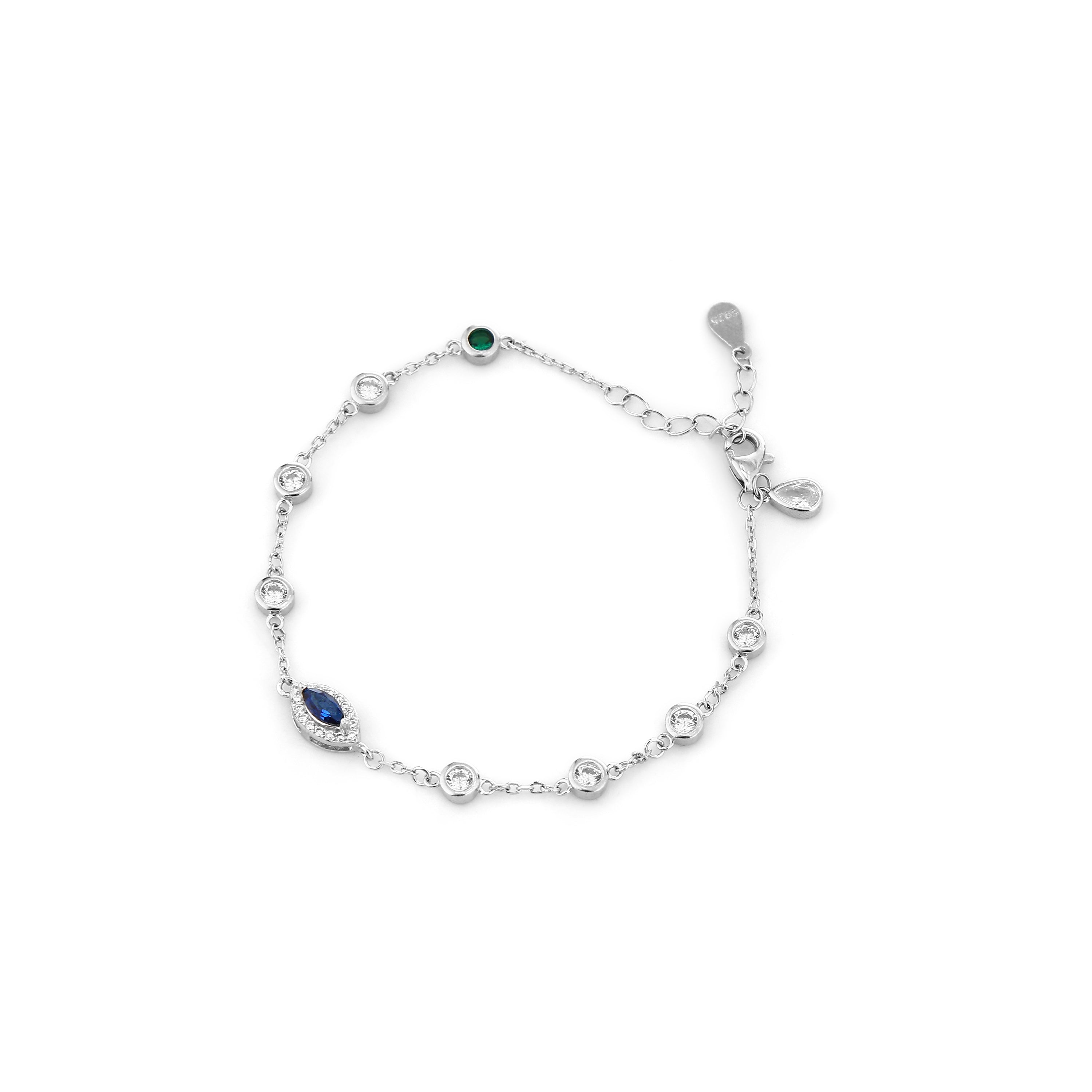 Evil Eye & Gemstone Bezel Silver Bracelet