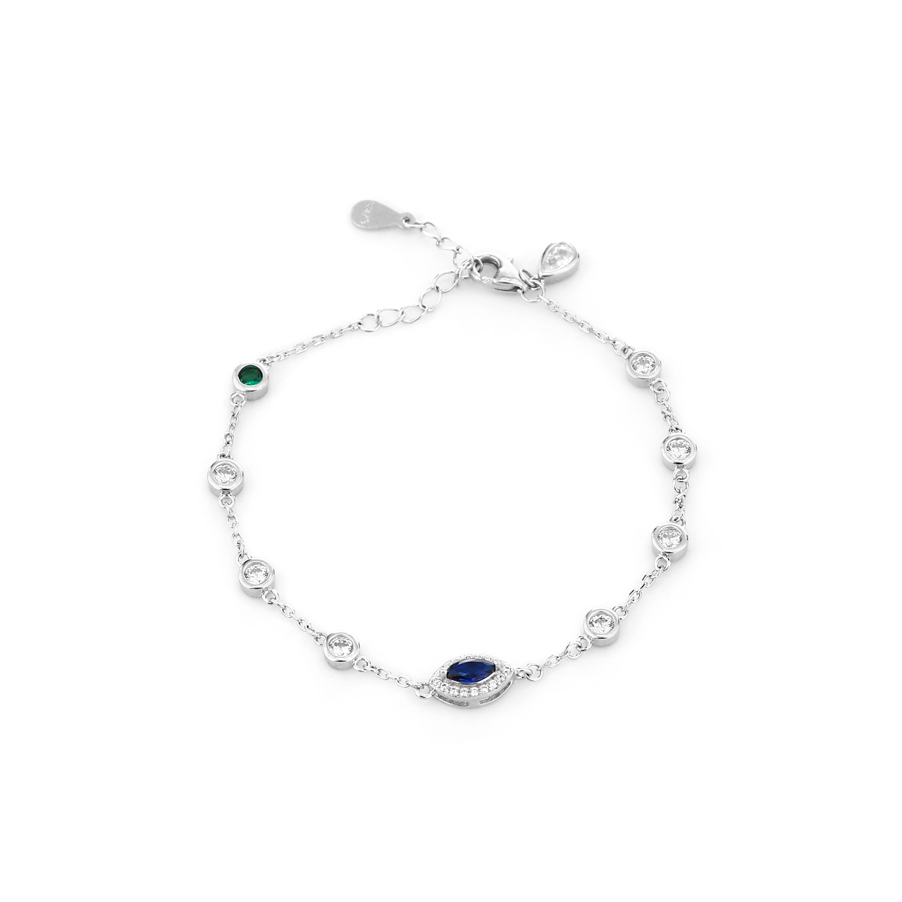Evil Eye & Gemstone Bezel Silver Bracelet