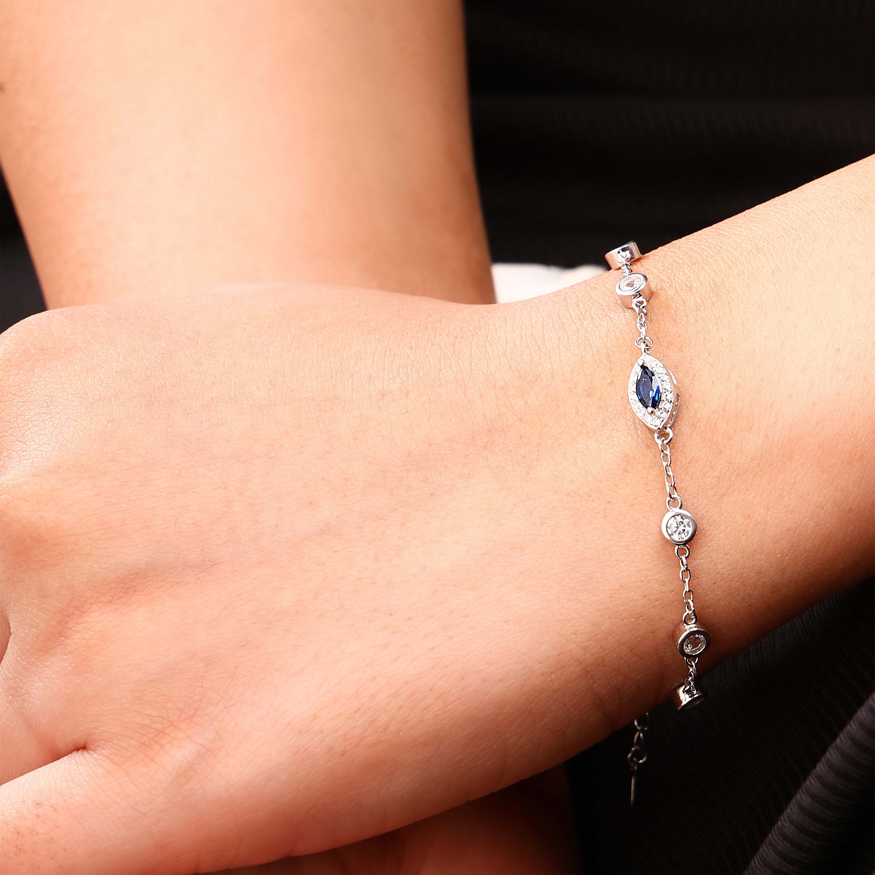 Evil Eye & Gemstone Bezel Silver Bracelet