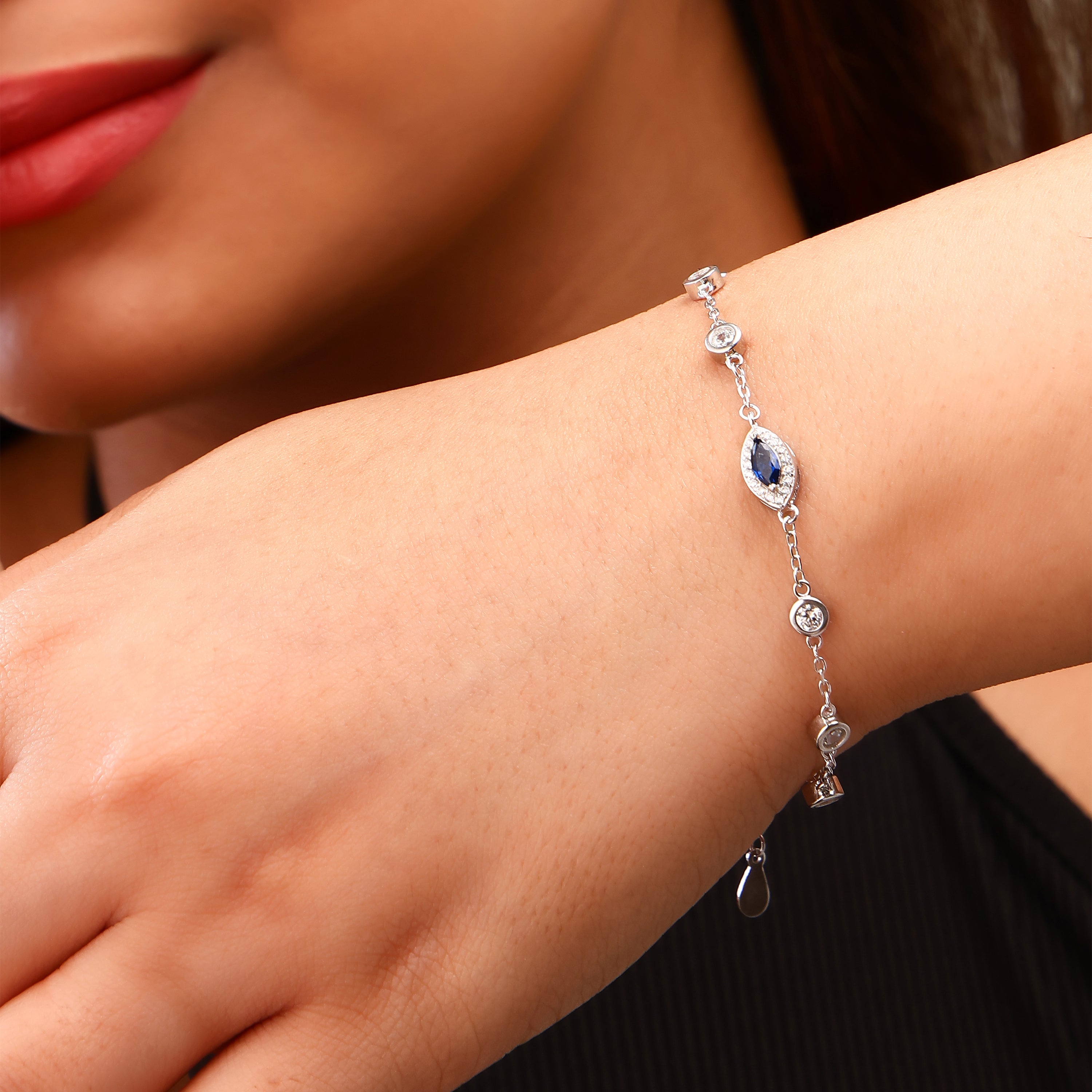 Evil Eye & Gemstone Bezel Silver Bracelet