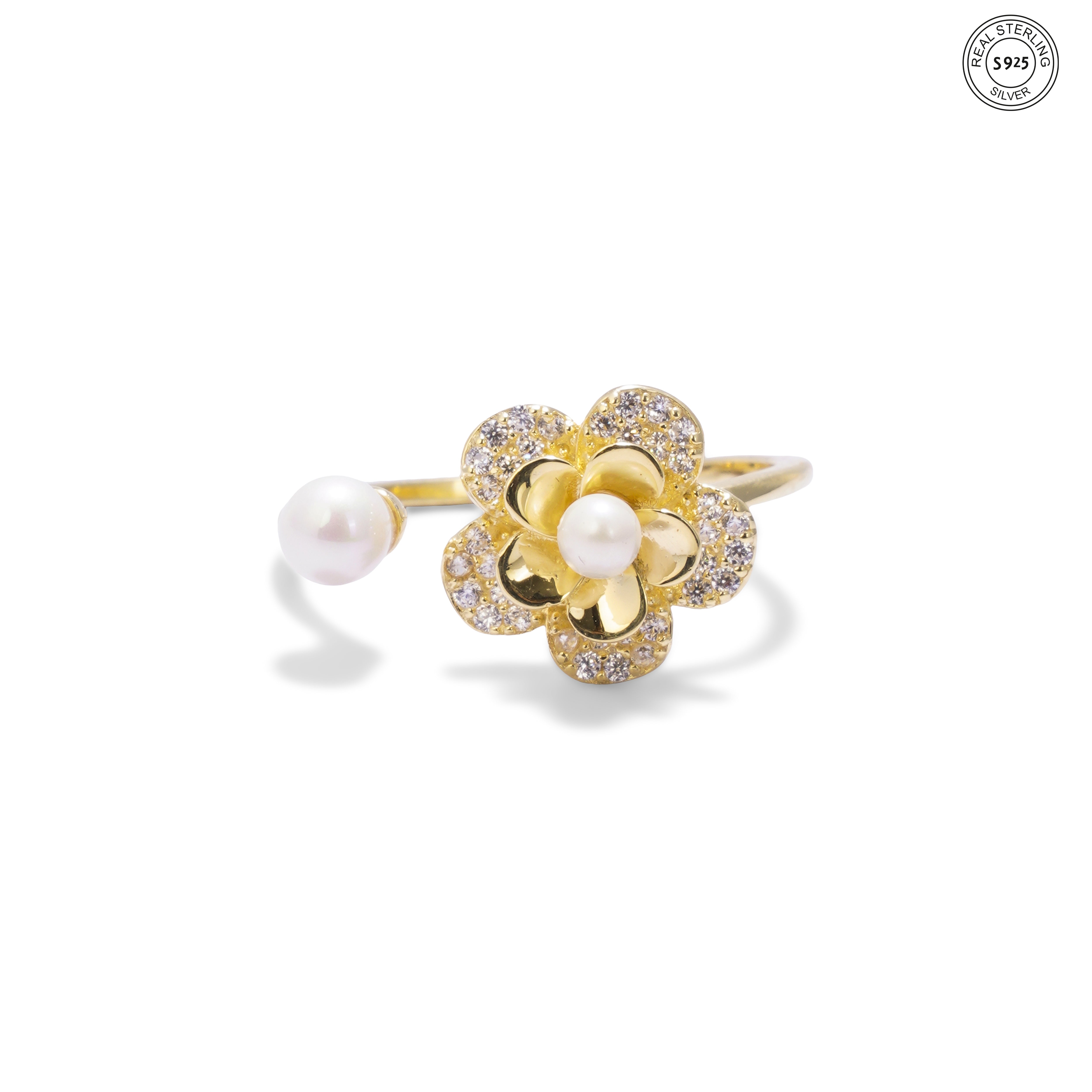 Twin Pearl Flower Silver Ring