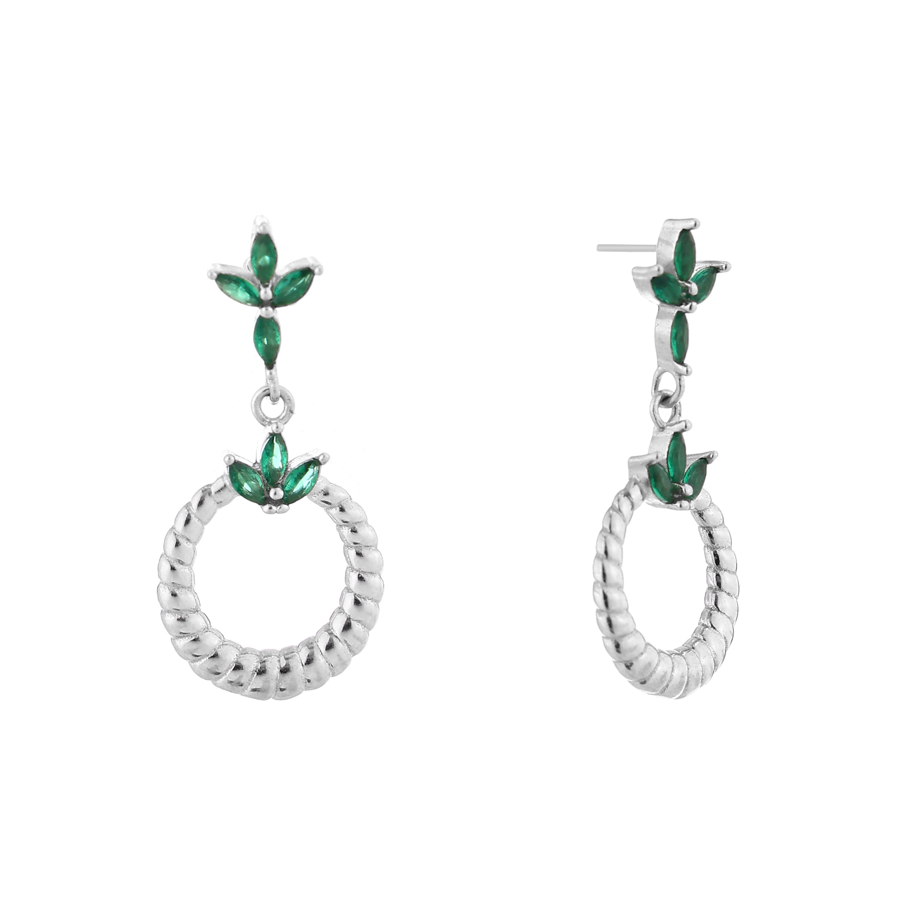Emerald Leaf Twisted Hoop Silver Drop Earrings